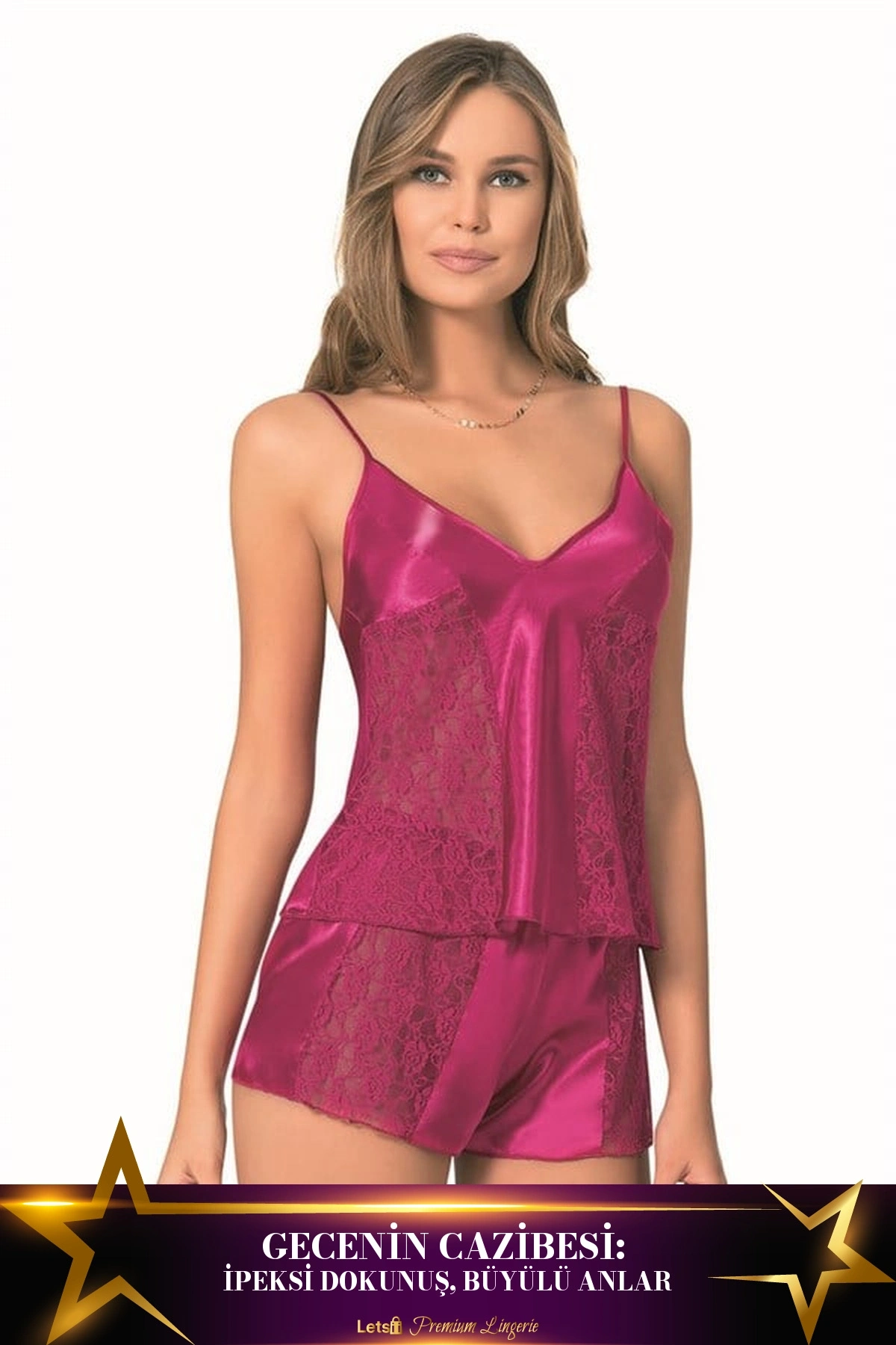 Saten Babydoll Şortlu Pijama Takımı Vişne Renk