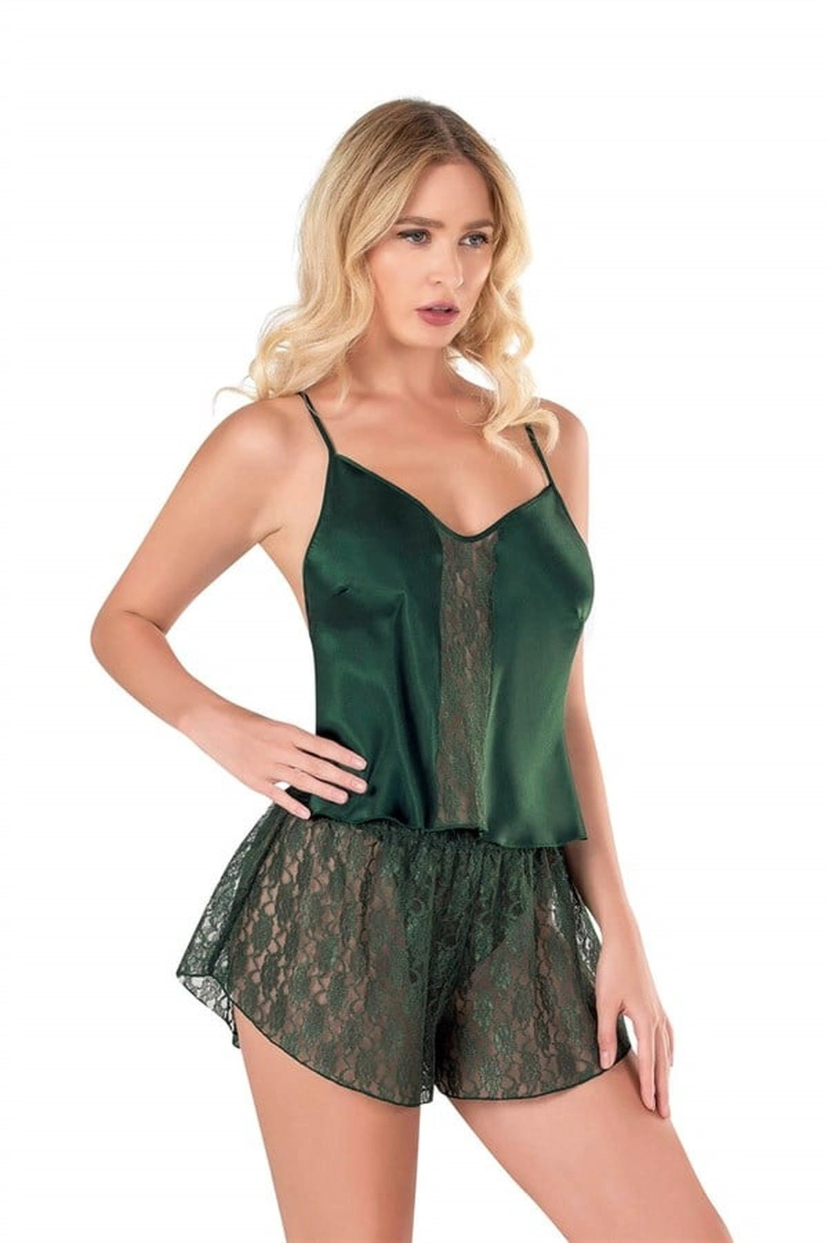 Saten Babydoll Şortlu Pijama Takımı Yeşil Renk