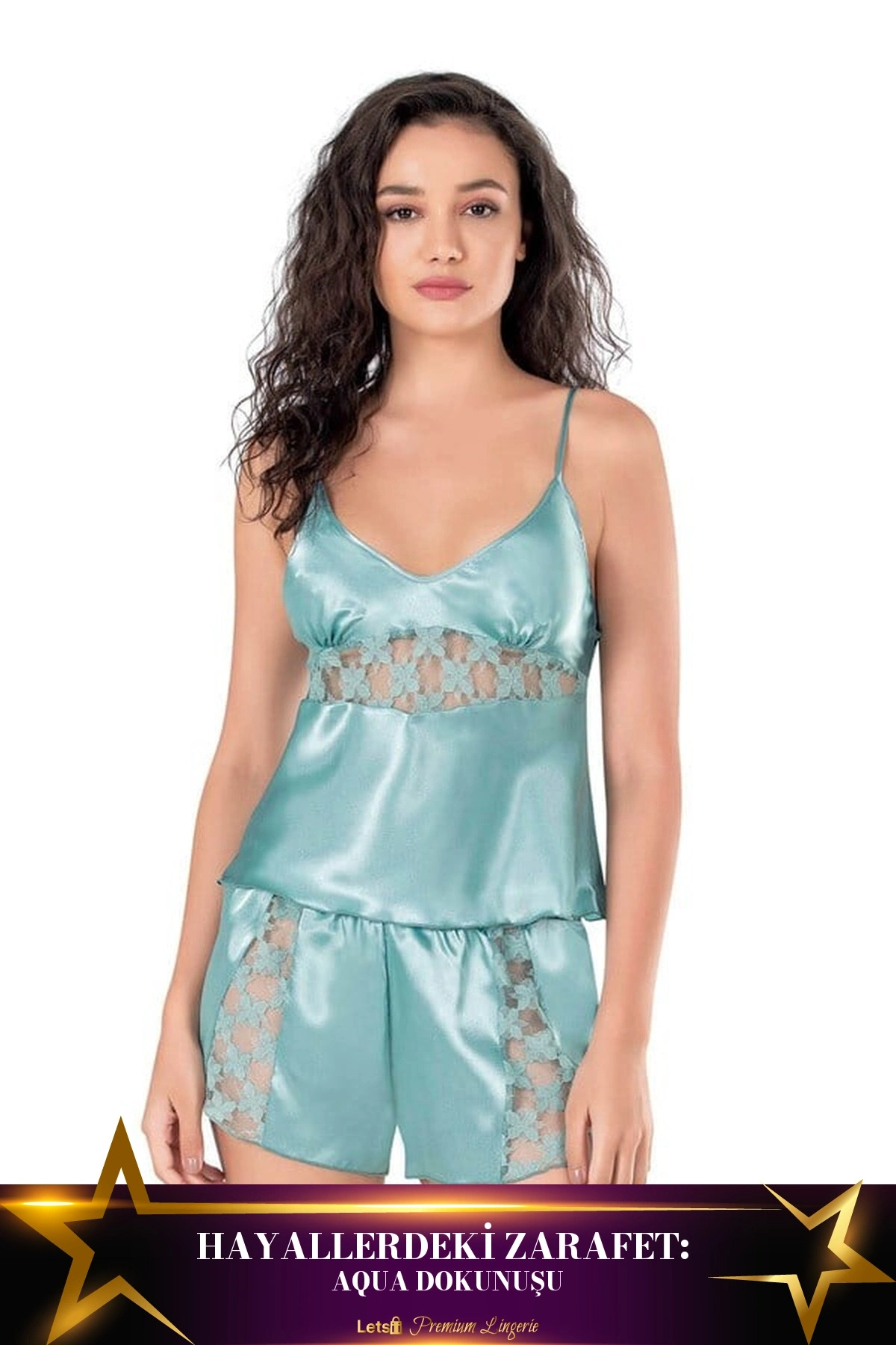 Saten Babydoll Şortlu Takım Aqua Renk