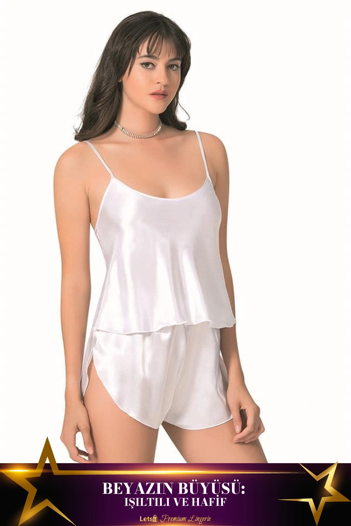 Saten Babydoll Şortlu Takım Beyaz Renk