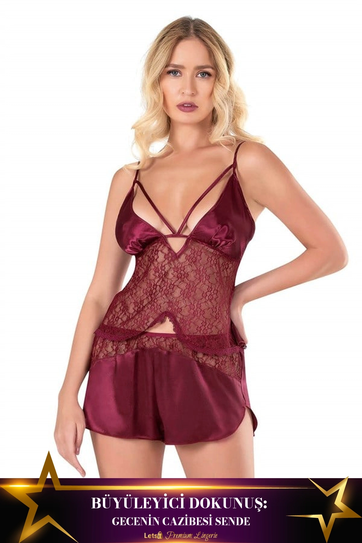 Saten Babydoll Şortlu Takım Bordo Renk