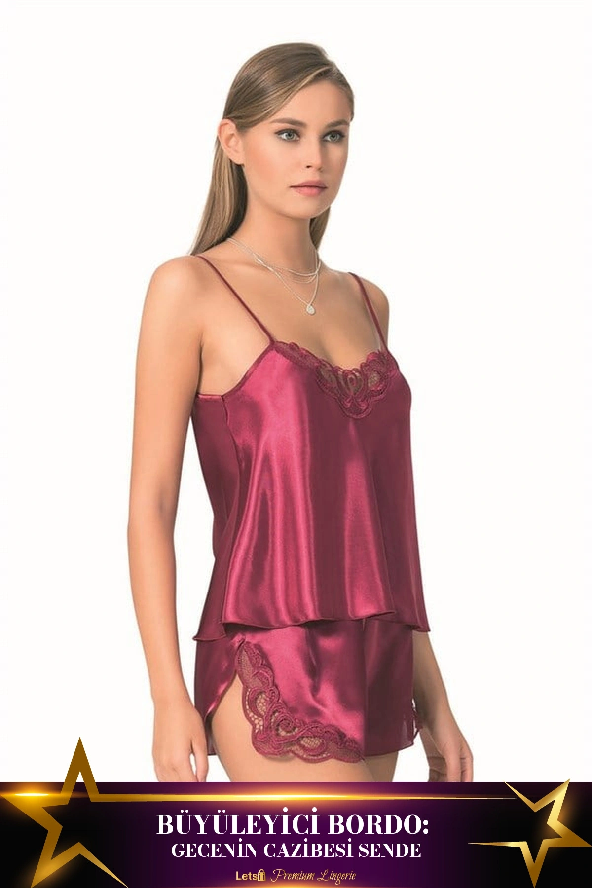 Saten Babydoll Şortlu Takım Bordo Renk