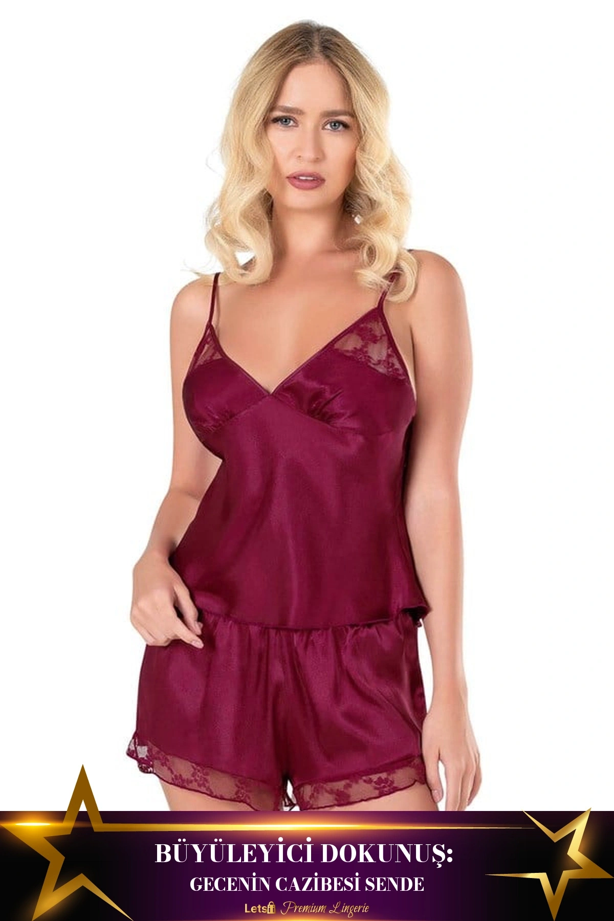Saten Babydoll Şortlu Takım Bordo Renk