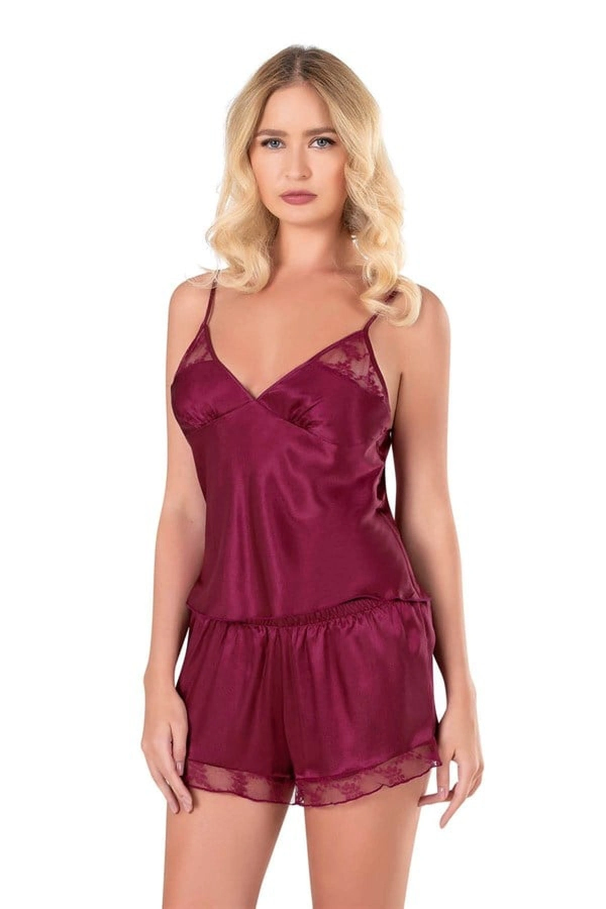 Saten Babydoll Şortlu Takım Bordo Renk
