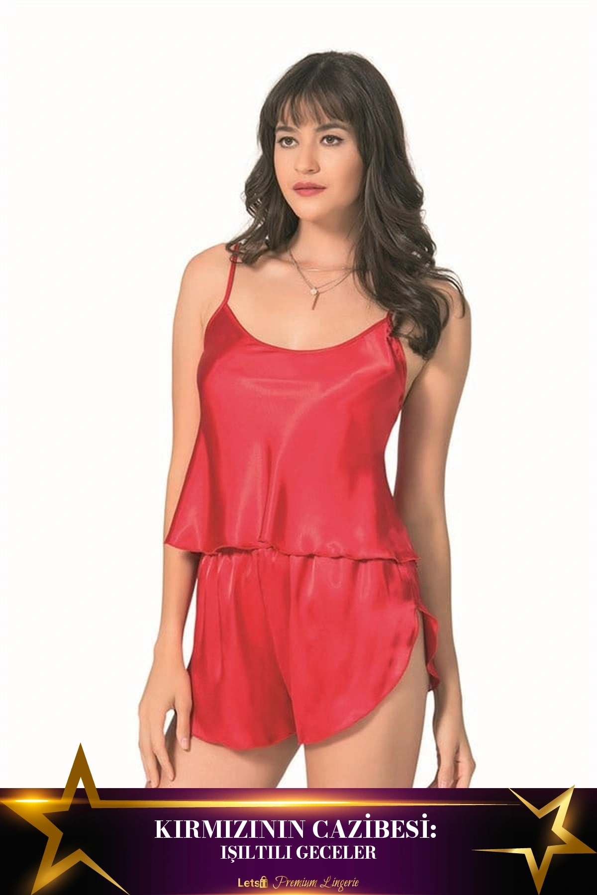 Saten Babydoll Şortlu Takım Kırmızı Renk