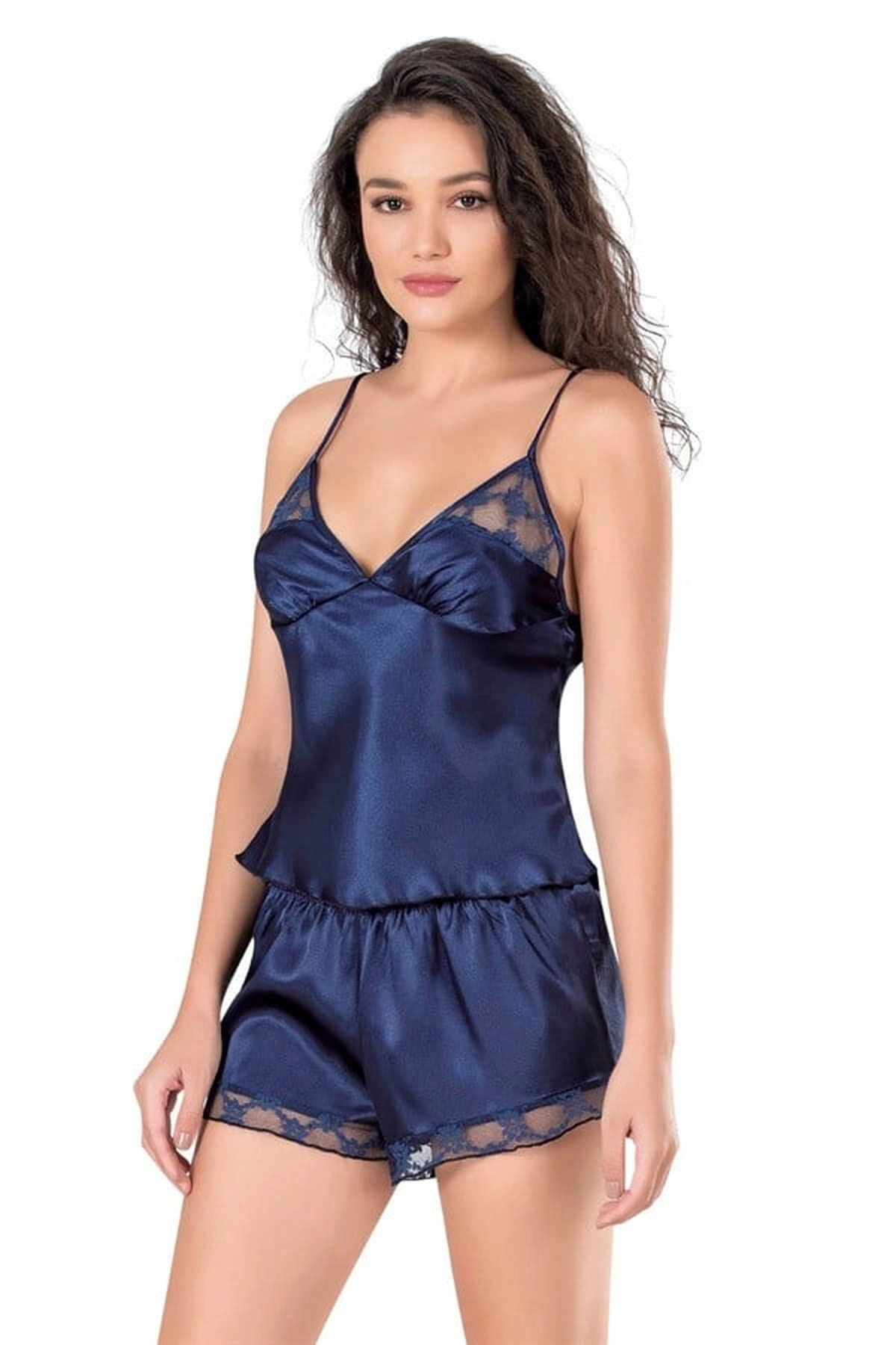 Saten Babydoll Şortlu Takım Lacivert Renk
