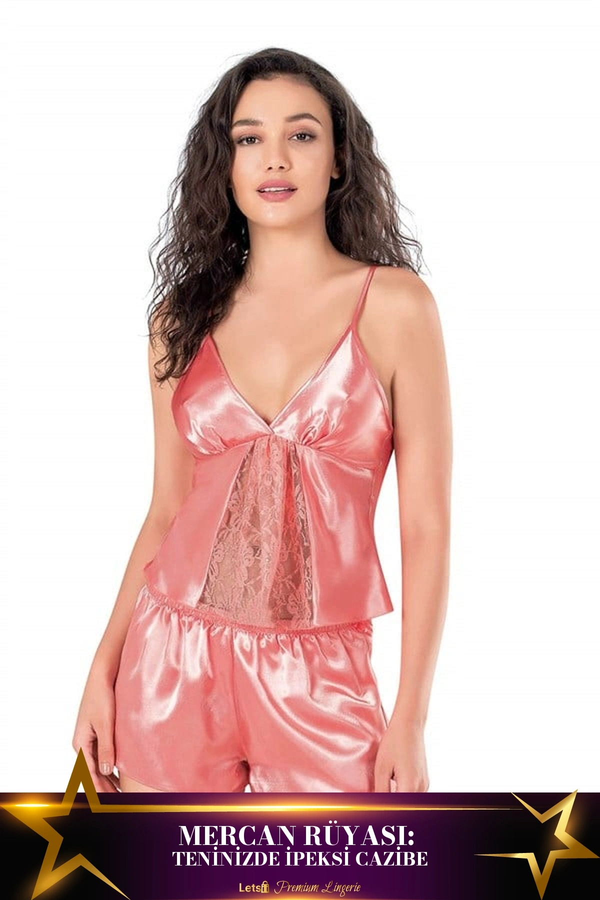 Saten Babydoll Şortlu Takım Mercan Renk