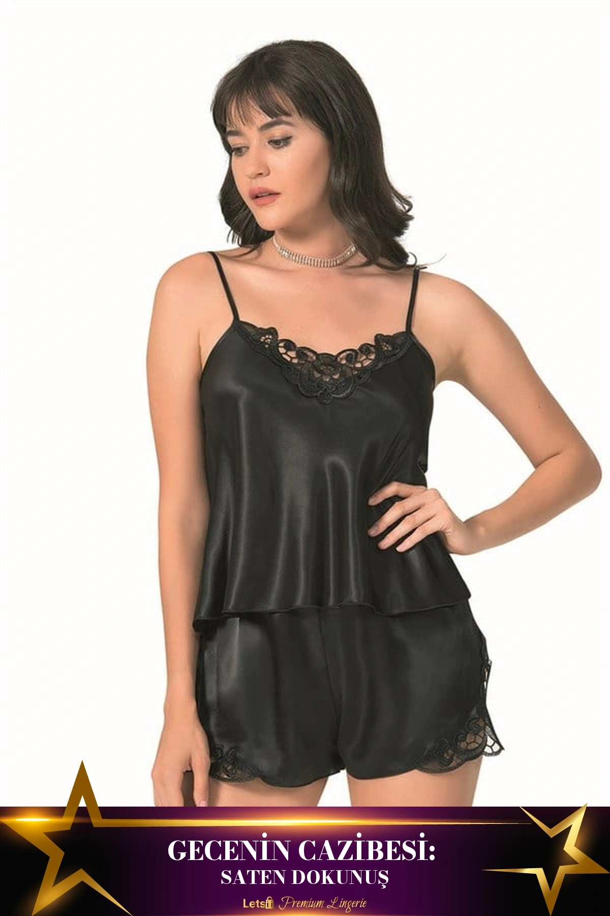 Saten Babydoll Şortlu Takım Siyah Renk