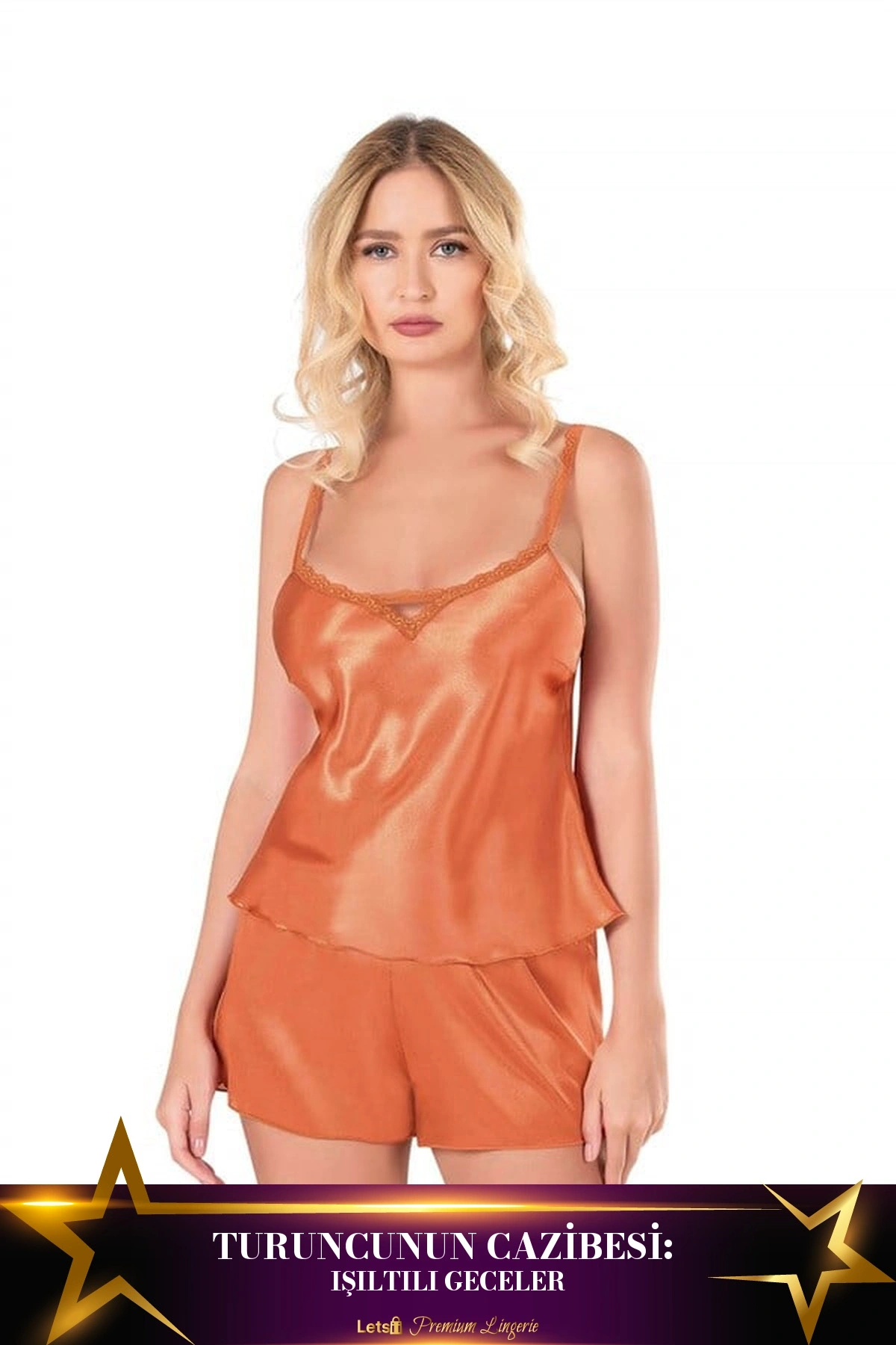 Saten Babydoll Şortlu Takım Turuncu Renk