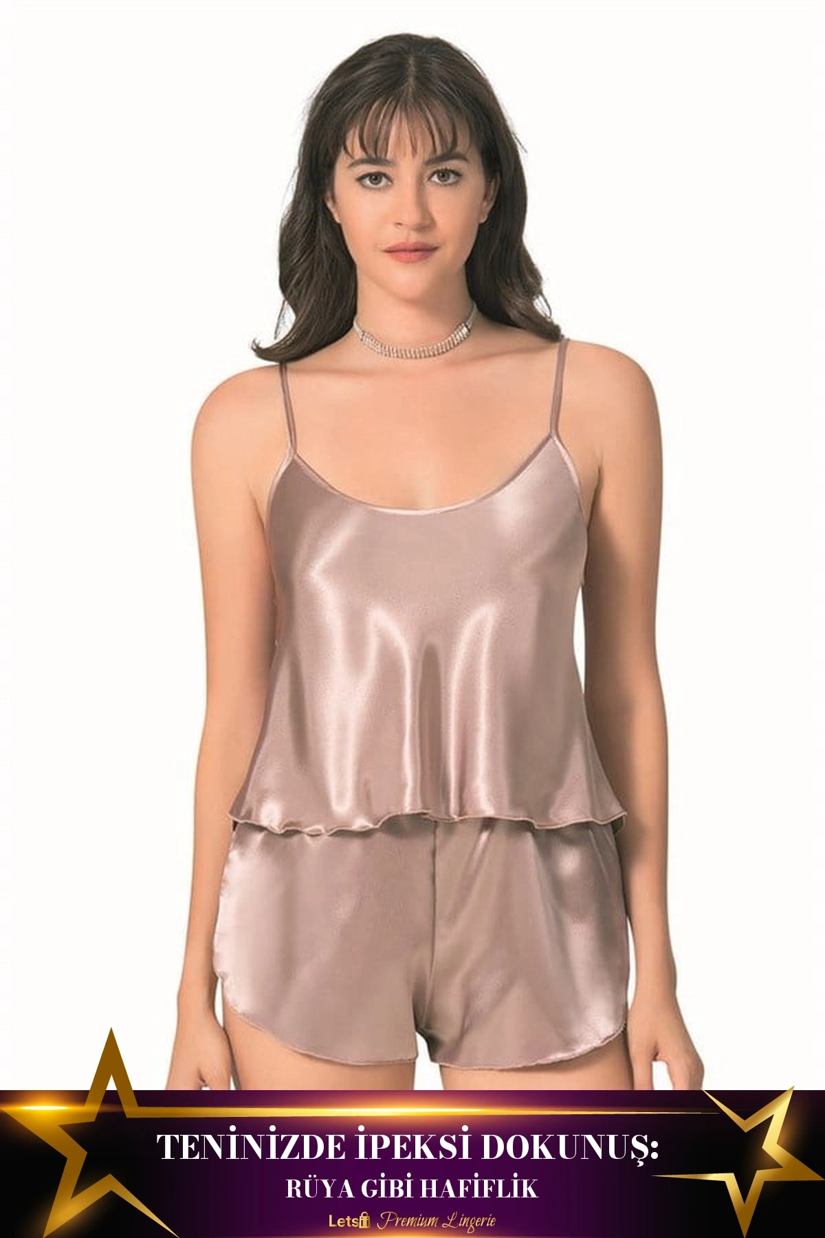 Saten Babydoll Şortlu Takım Vizon Renk