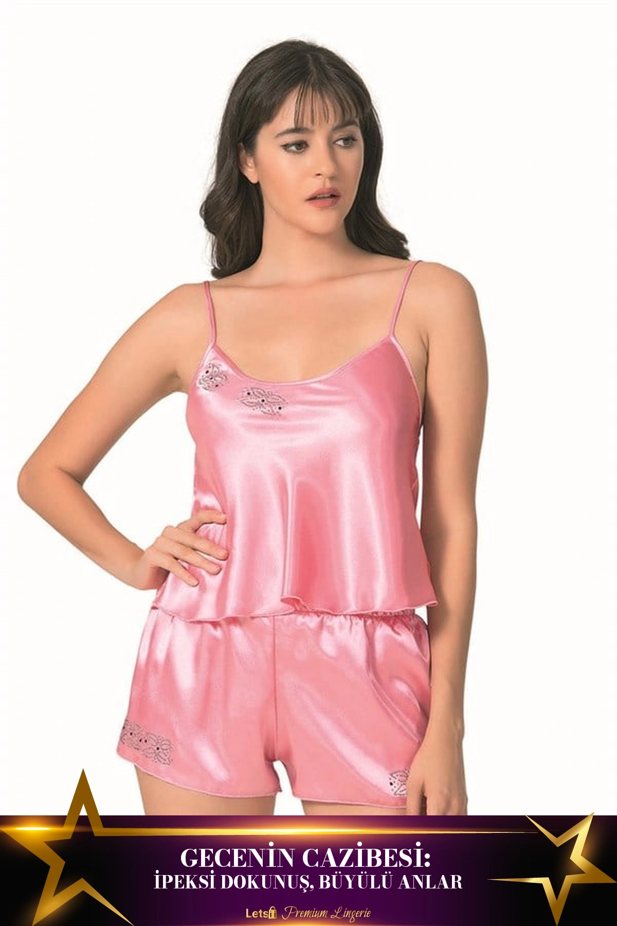 Saten Şortlu Babydoll Takım Pembe Renk