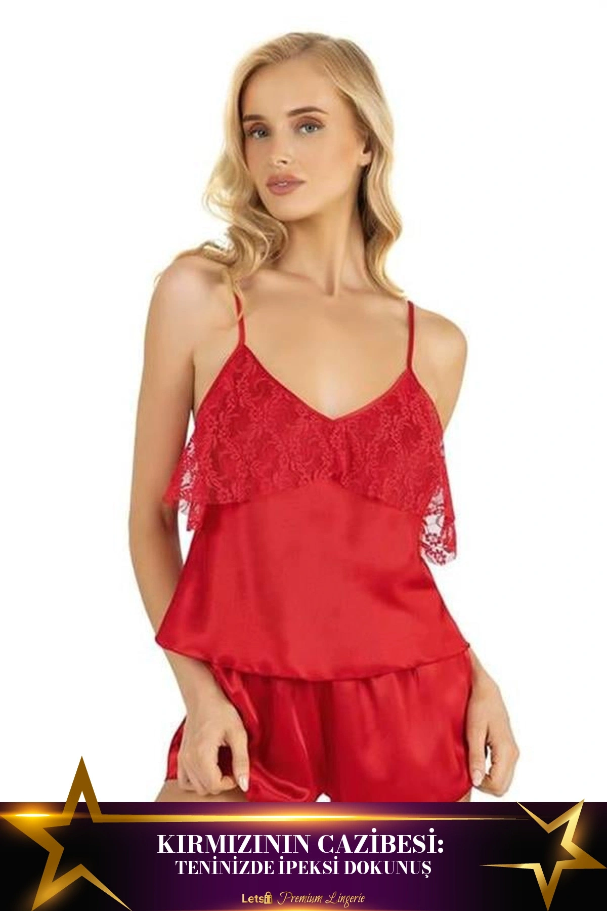 Saten Şortlu Kadın Takım Kırmızı Renk