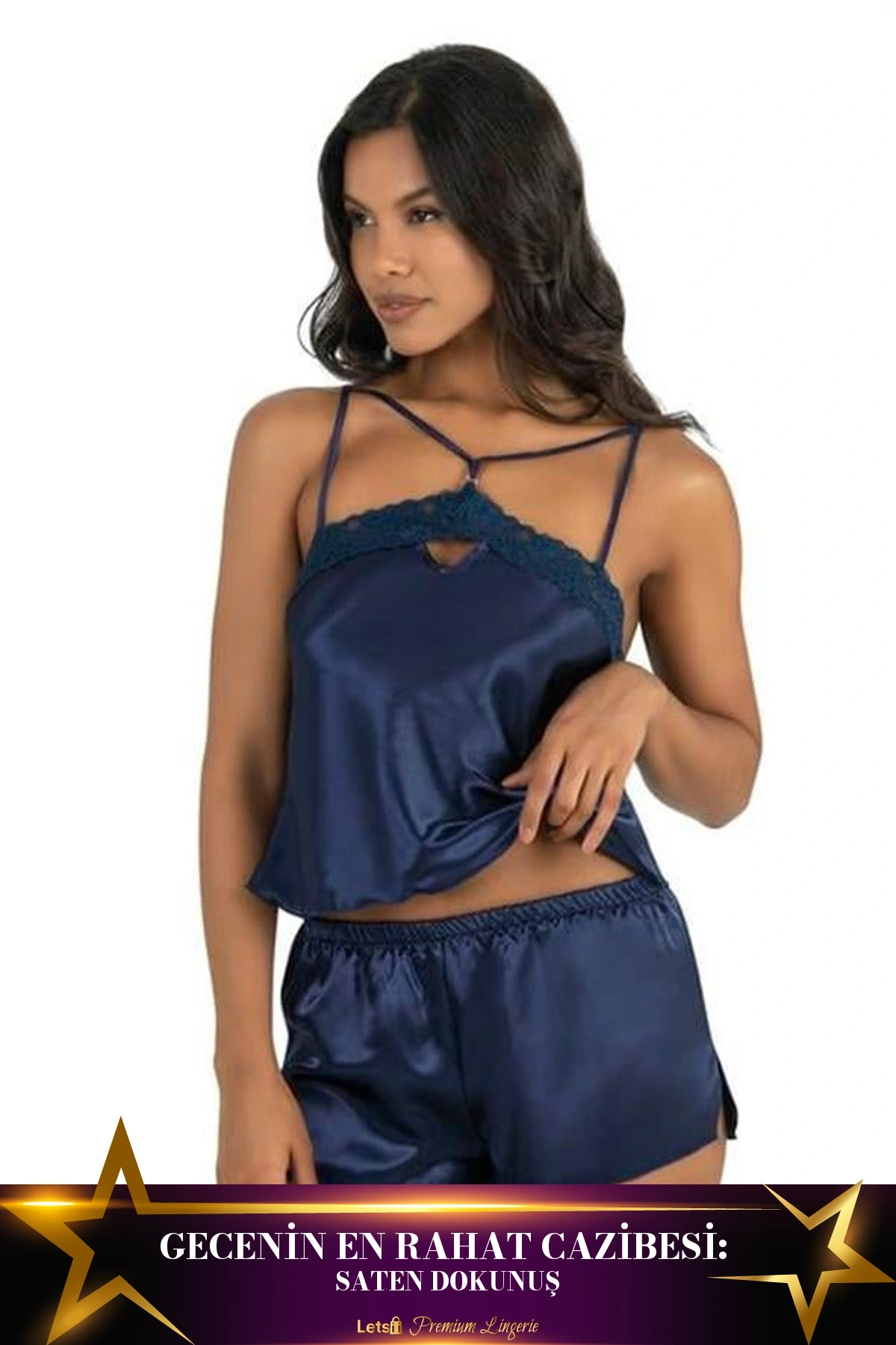 Saten Şortlu Takım İki Parça Günlük Kullanım Lacivert Renk