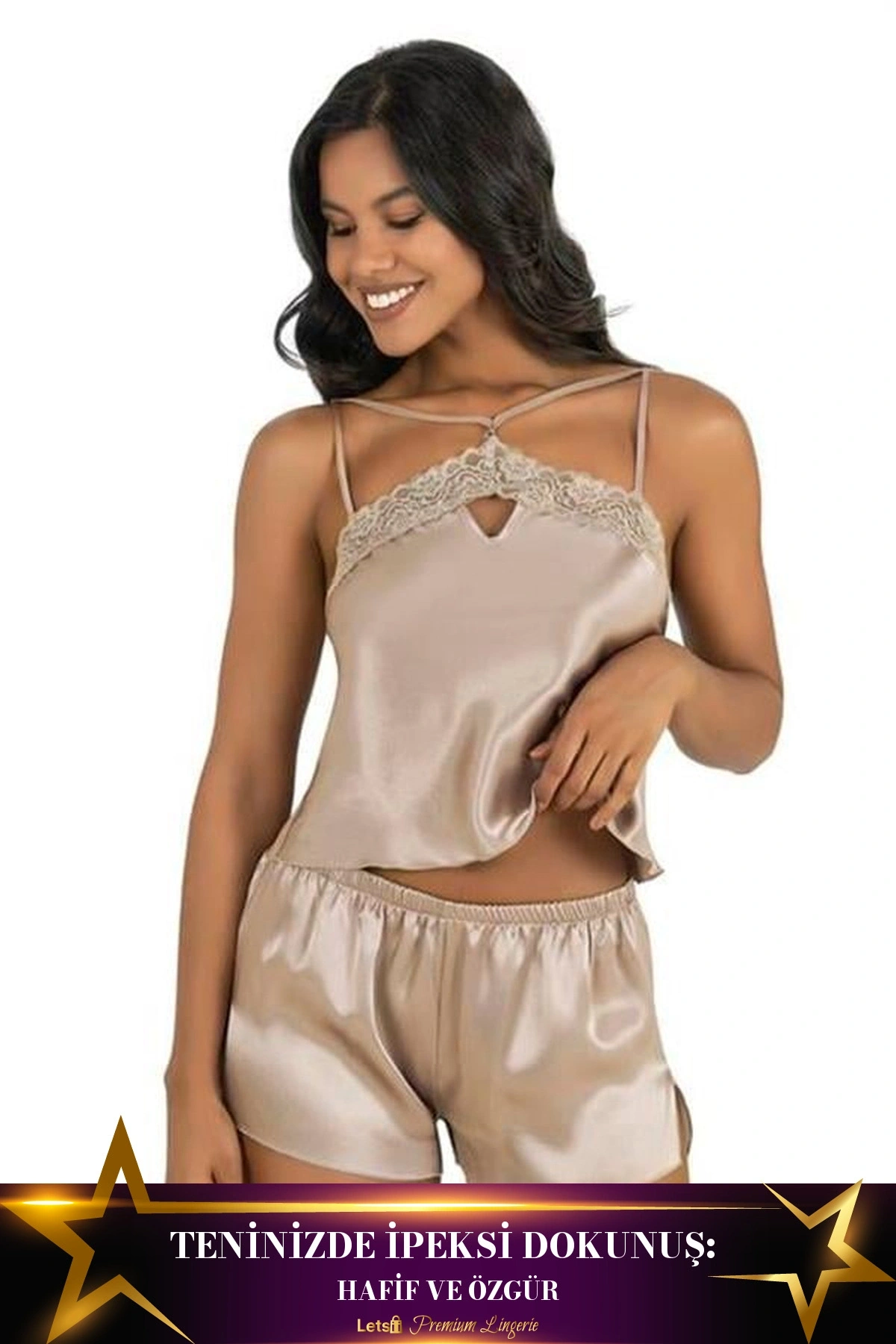 Saten Şortlu Takım İki Parça Günlük Kullanım Taş Rengi Renk