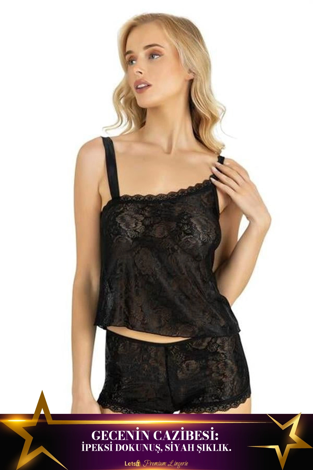 Saten Şortlu Takım İki Parça Klasik Tasarım Siyah Renk