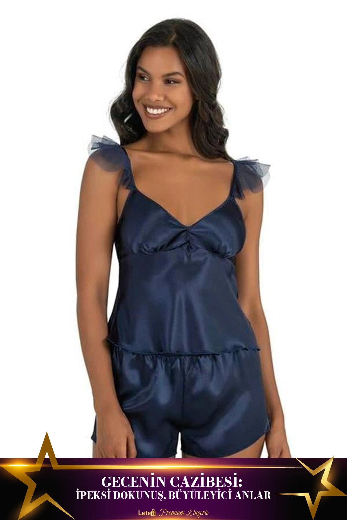 Saten Şortlu Takım İki Parça Modern Stil Lacivert Renk