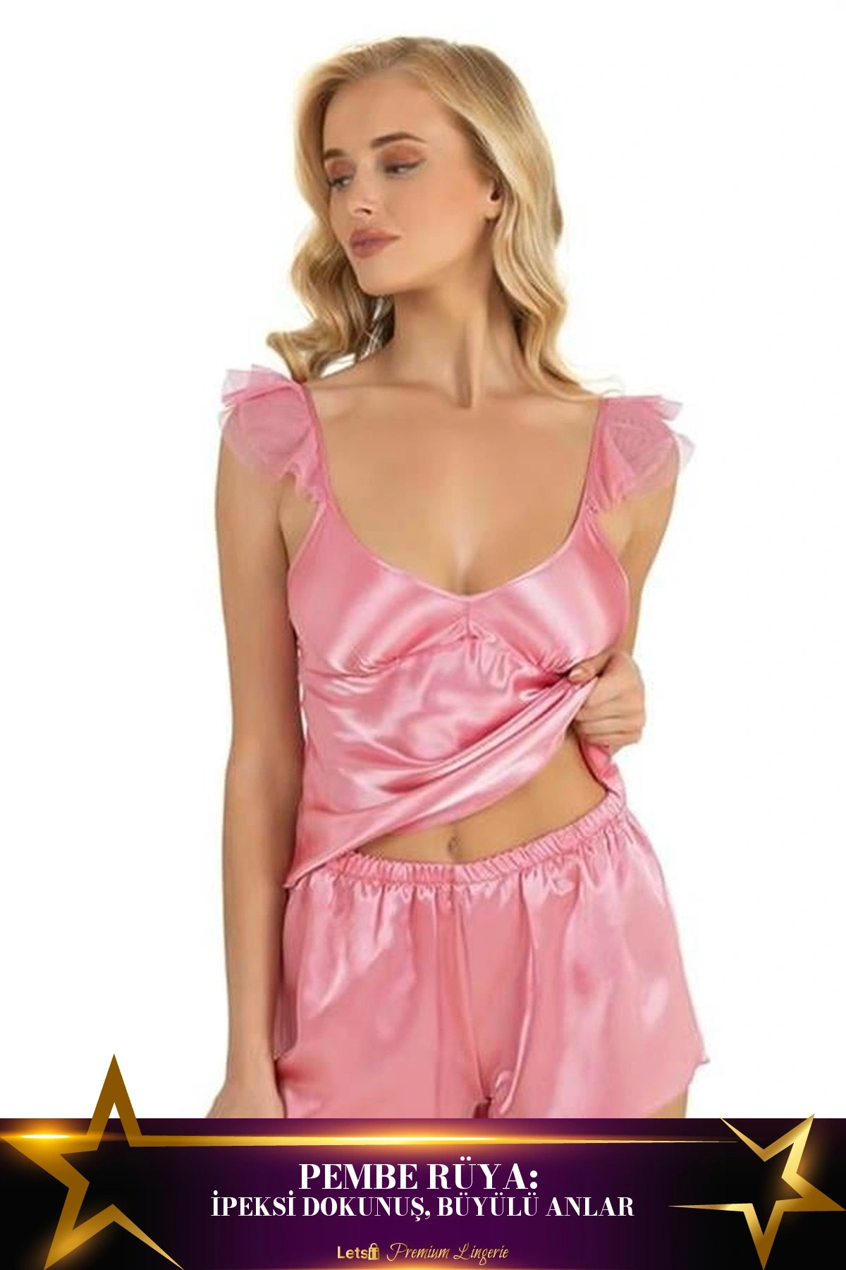 Saten Şortlu Takım İki Parça Modern Stil Pembe Renk