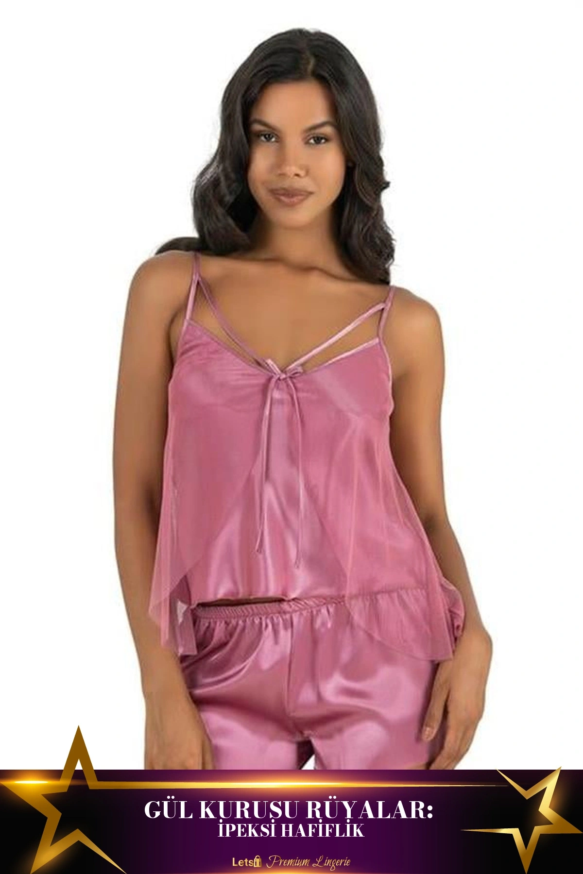 Saten Şortlu Takım İki Parça Rahat Kesim Gül Kurusu Renk