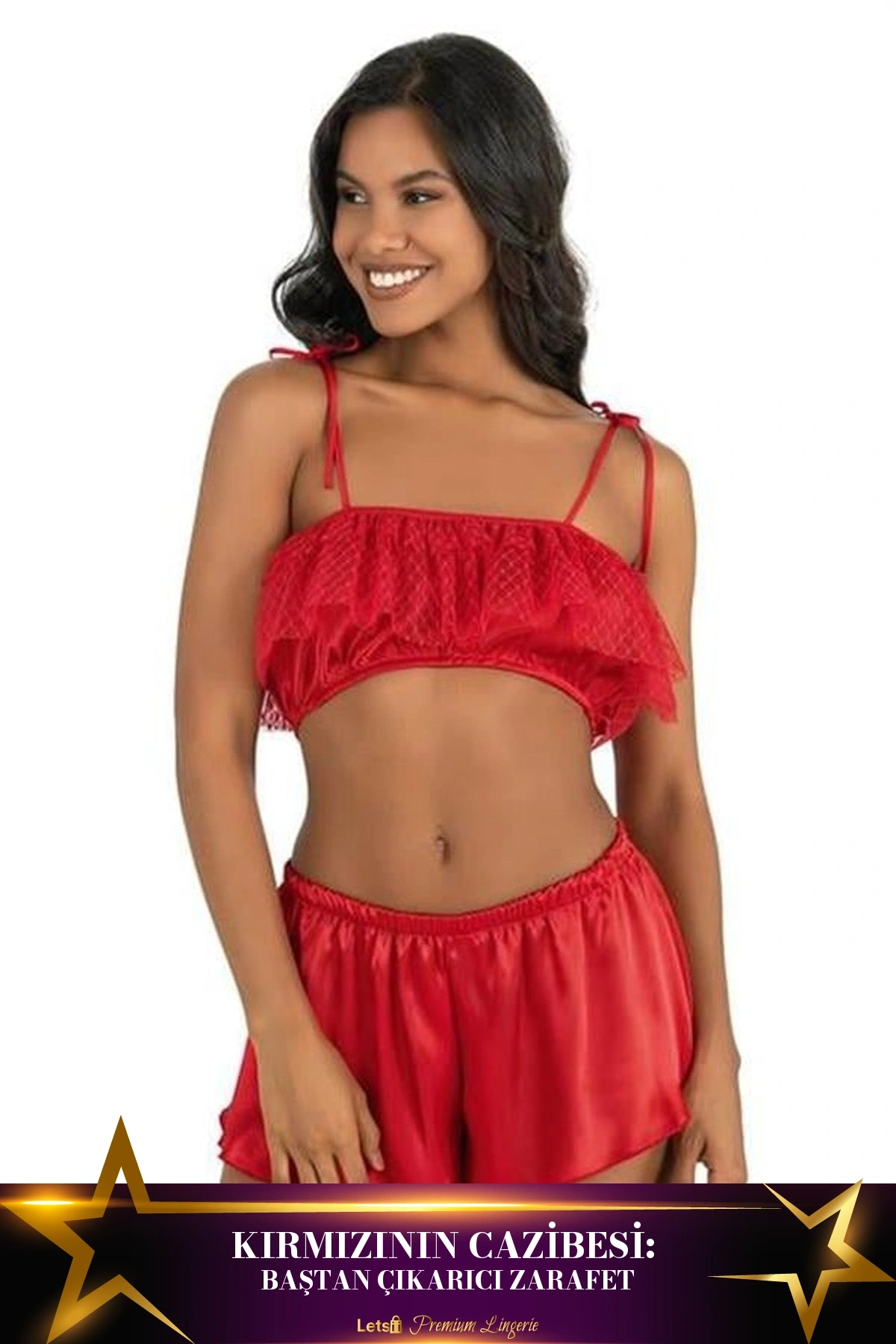 Saten Şortlu Takım İki Parça Tasarım Kırmızı Renk