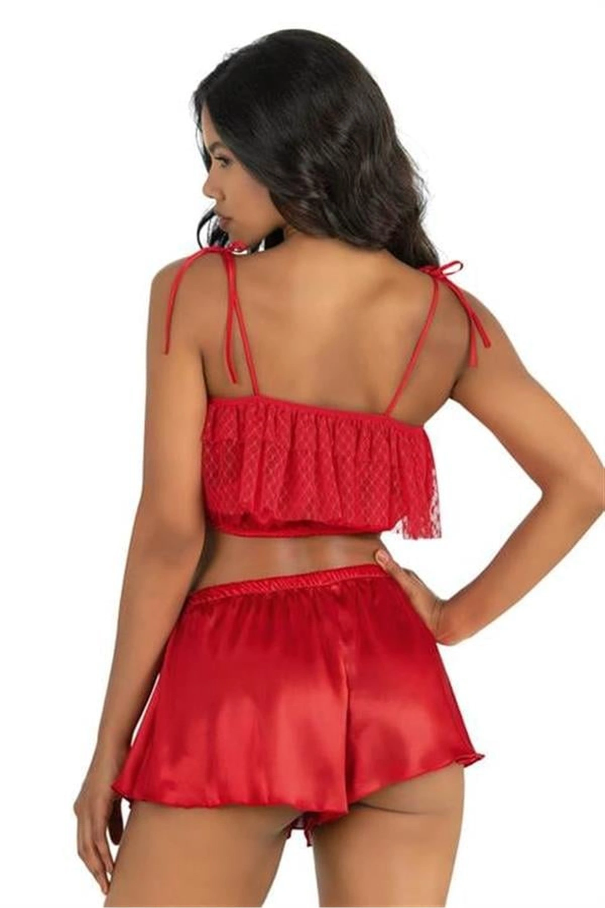 Saten Şortlu Takım İki Parça Tasarım Kırmızı Renk