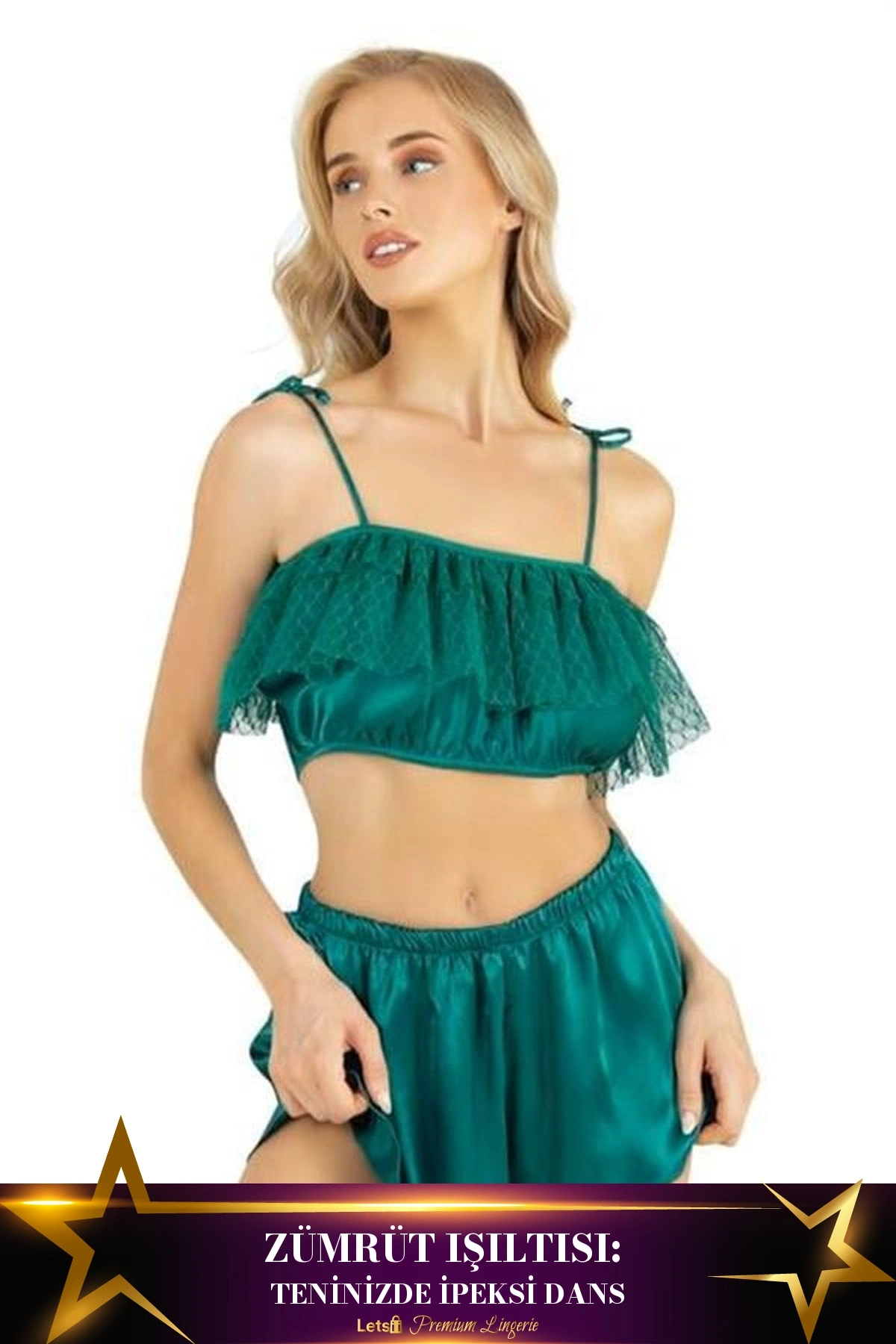 Saten Şortlu Takım İki Parça Tasarım Zümrüt Yeşili Renk