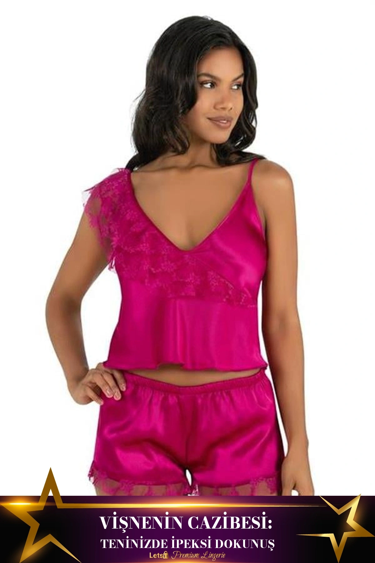 Saten Şortlu Takım İki Parça Zarif Model Vişne Renk