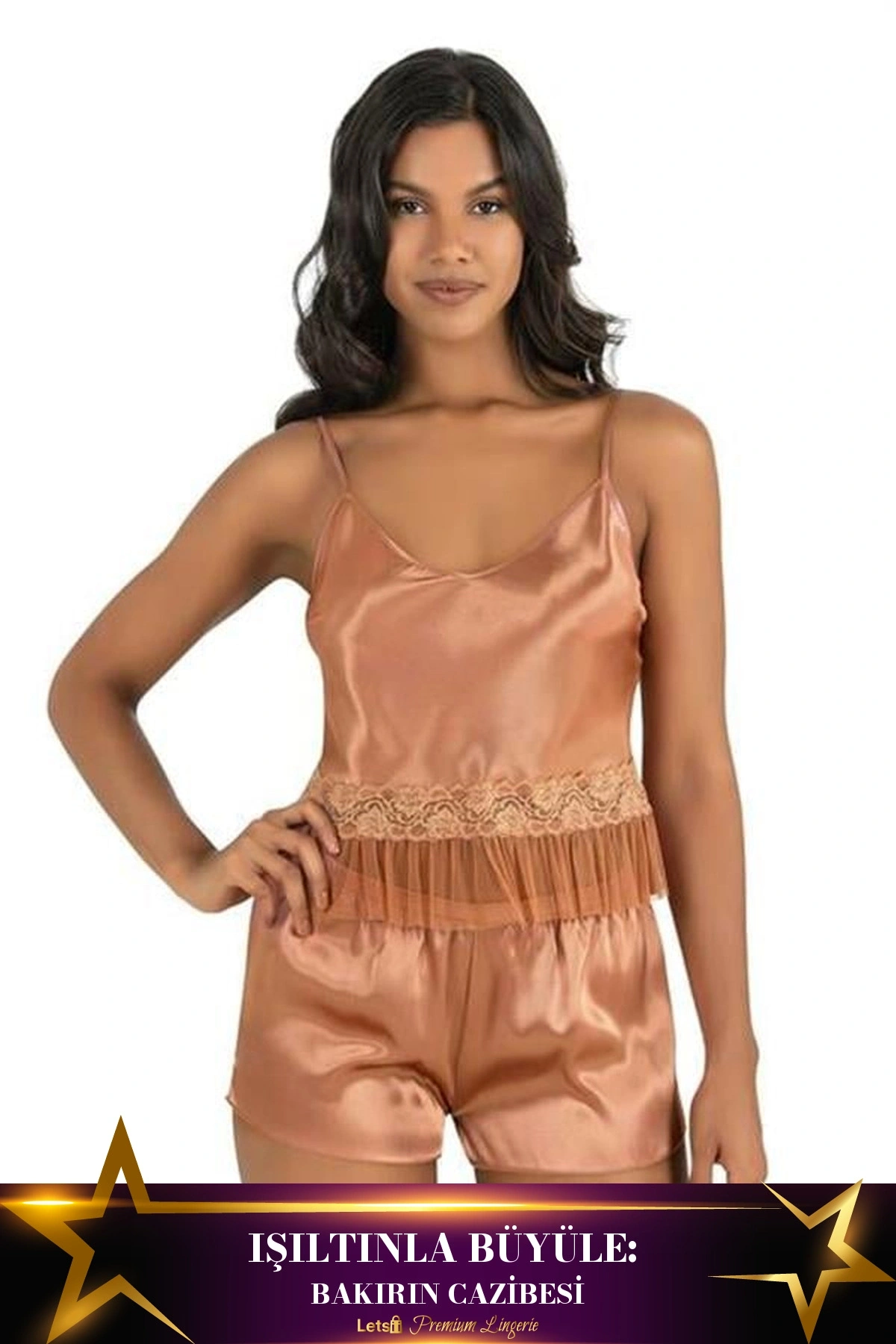 Saten Şortlu Takım İkili Takım Bakır Renk