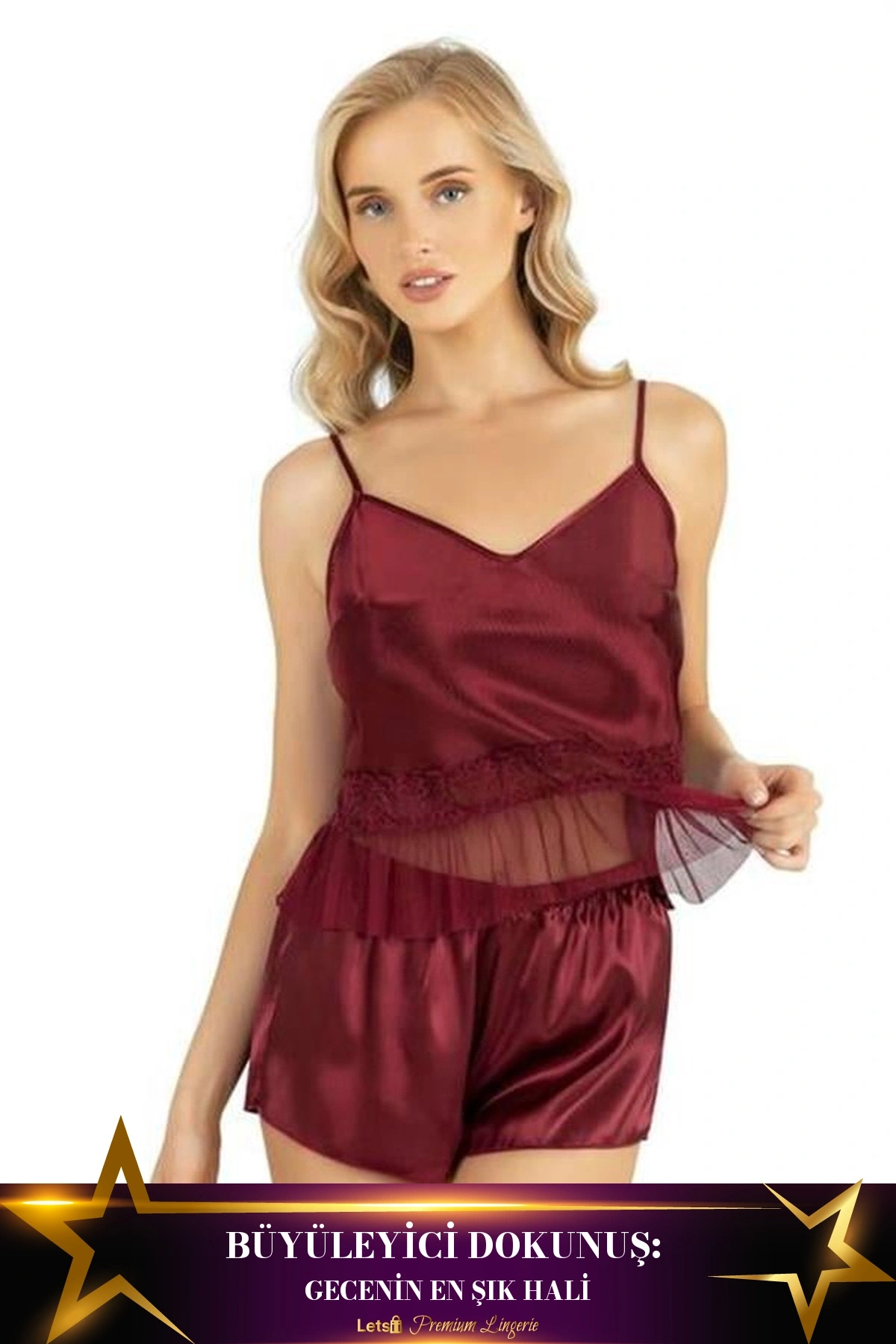 Saten Şortlu Takım İkili Takım Bordo Renk