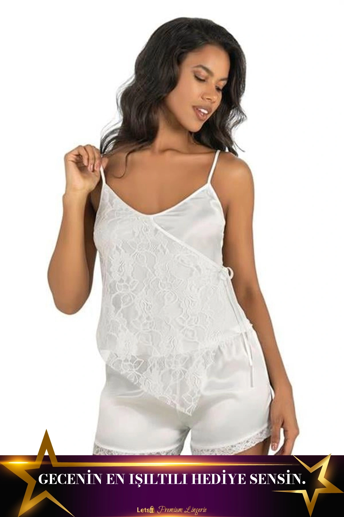 Saten Şortlu Takım İkili Takım Ekru Renk