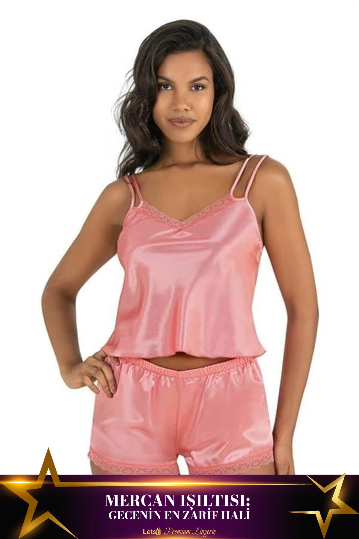 Saten Şortlu Takım İkili Takım Mercan Renk