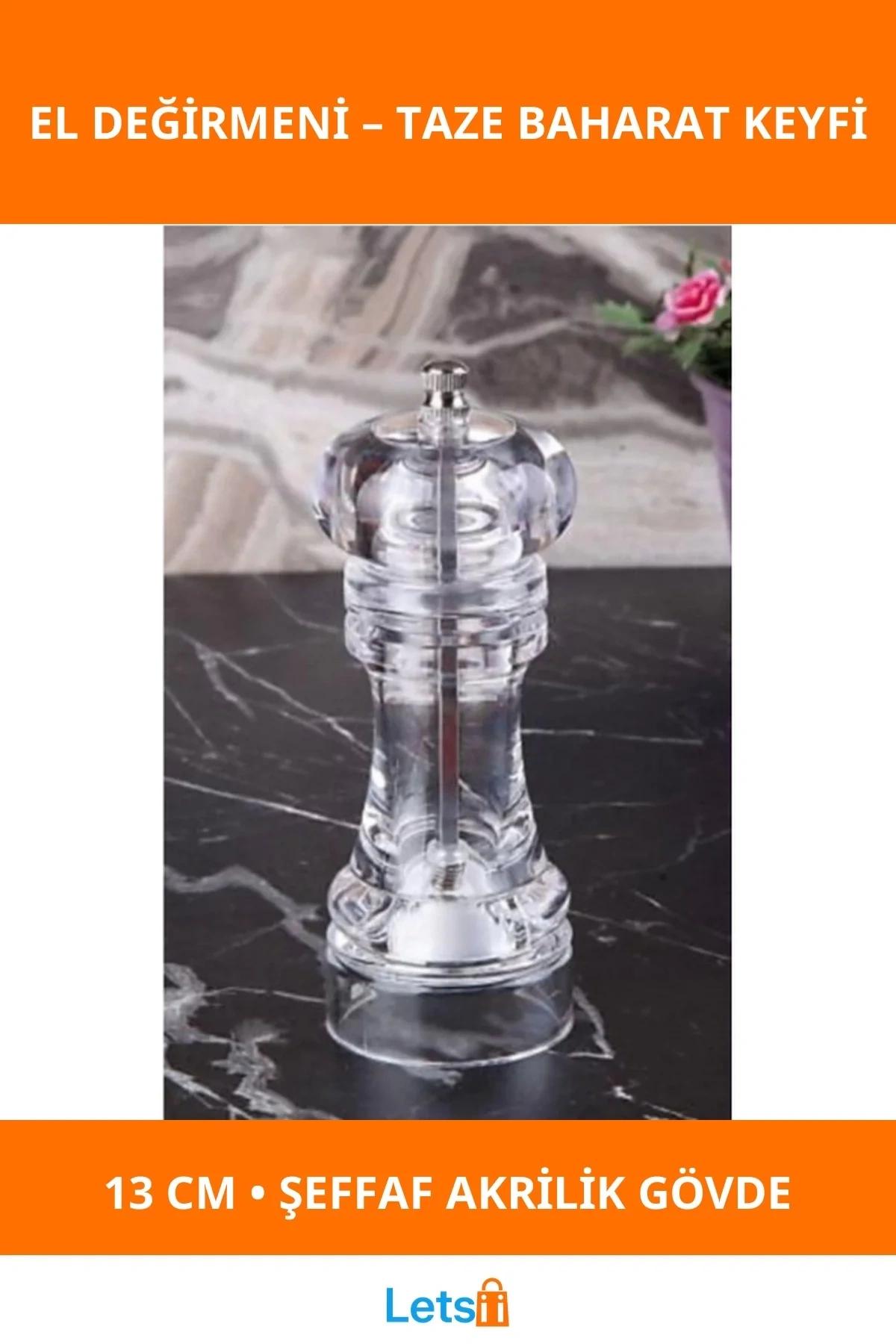 Şeffaf Akrilik El Değirmeni 13 cm Modern ve Fonksiyonel Baharat Değirmeni