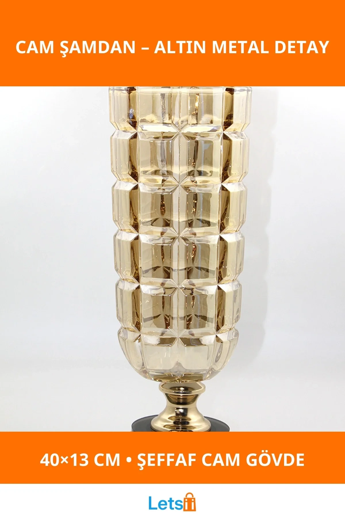 Şeffaf Cam Şamdan Altın Metal Ayaklı Tekli 40x13 cm