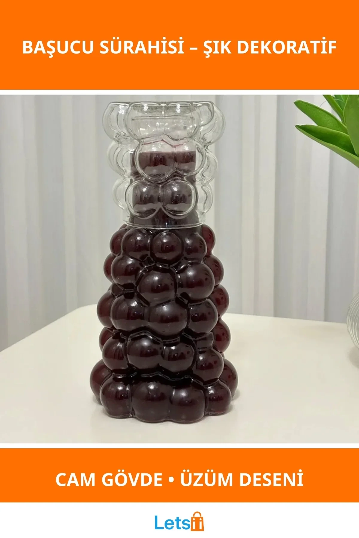 Şeffaf Cam Üzüm Desenli Başucu Sürahisi ve Bardak Seti