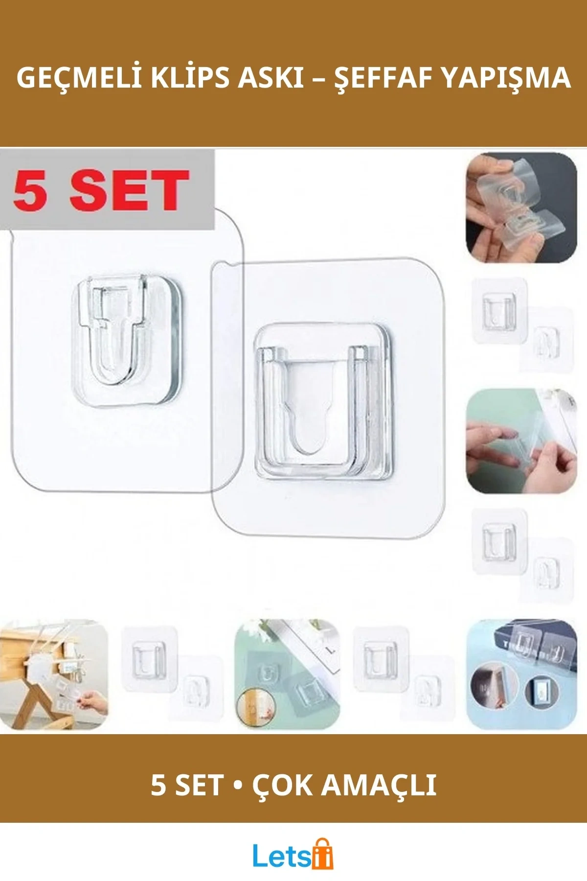 Şeffaf Geçmeli Klips Eşya Sabitleme Askısı 5 Set Çok Amaçlı