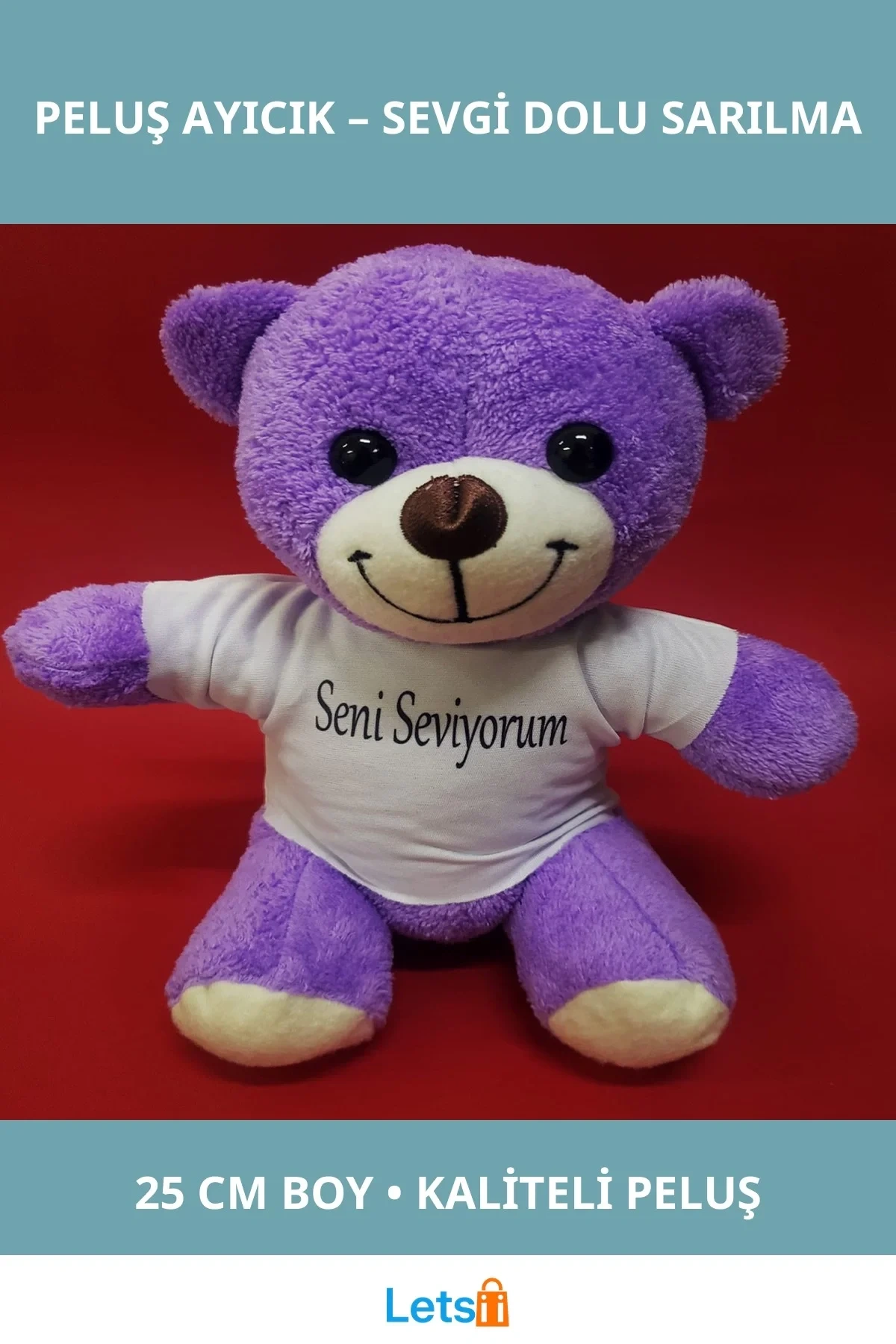 Seni Seviyorum Tişörtlü Mor Peluş Ayıcık 25 cm