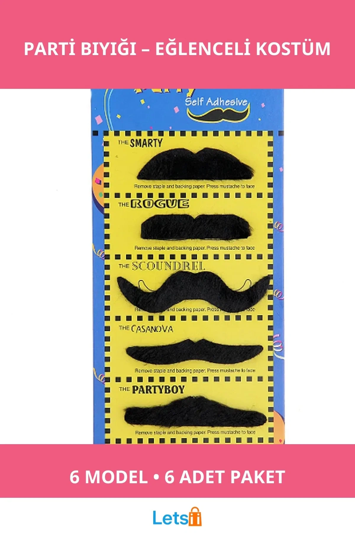 Şenlikli Karnaval Kostümü Bıyığı 6 Farklı Model 6 Adet