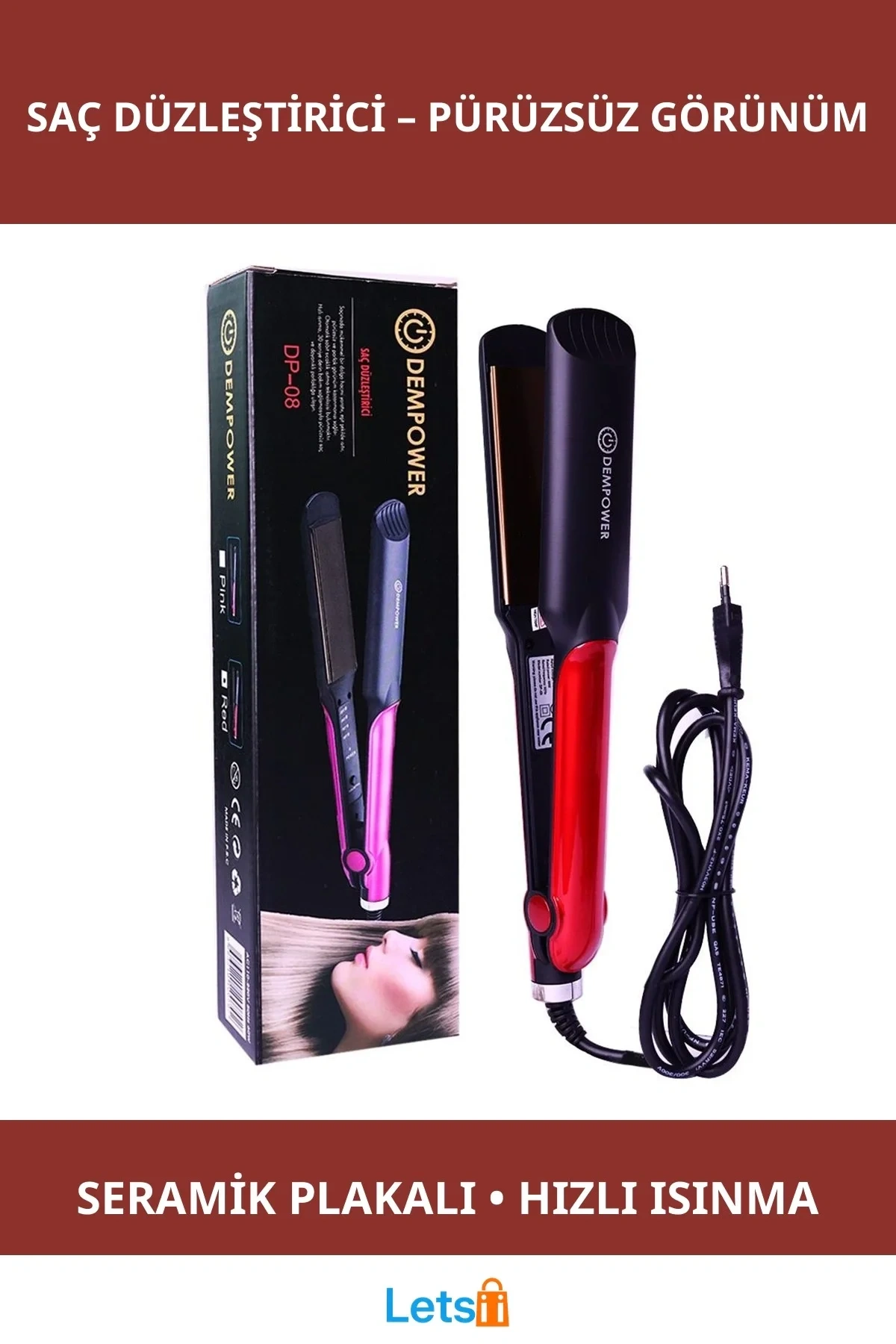 Seramik Plakalı Hızlı Isınan Profesyonel Saç Düzleştirici DP 08 Pembe Kırmızı