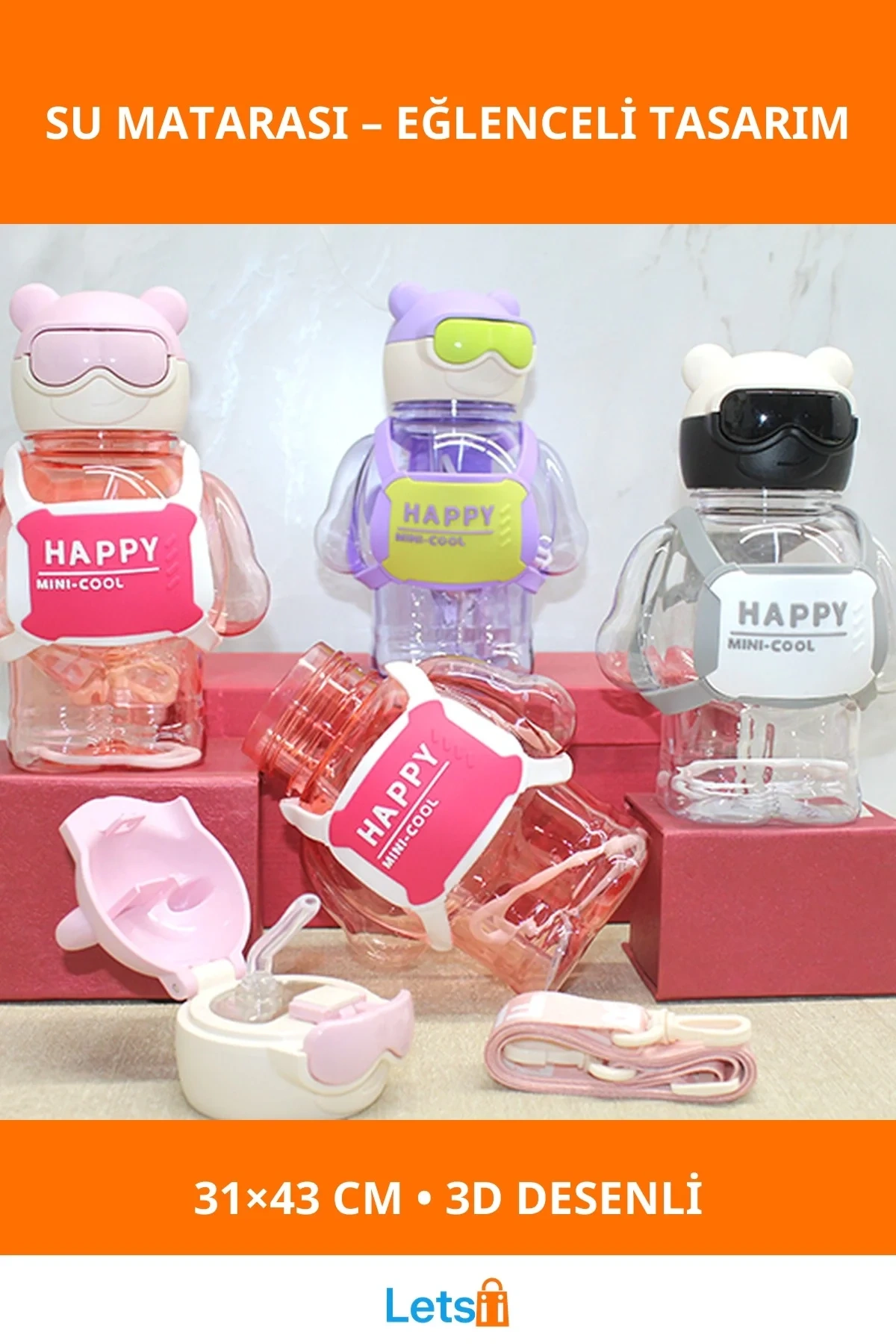 Sevimli 3D Desenli Hafif Su Matarası