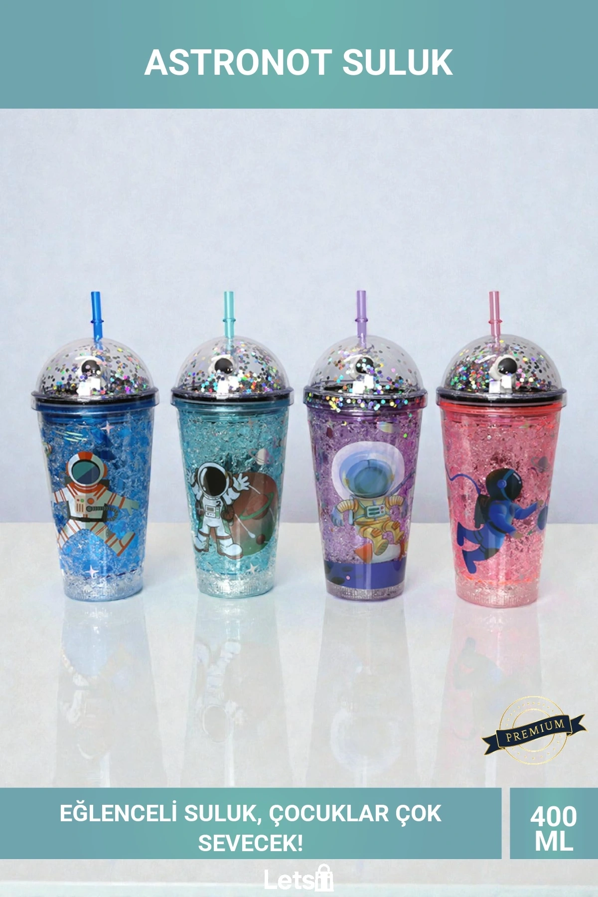 Sevimli Astronot Işıklı Pullu Pipetli Suluk Bardak 400ml Çocuk Su Şişesi