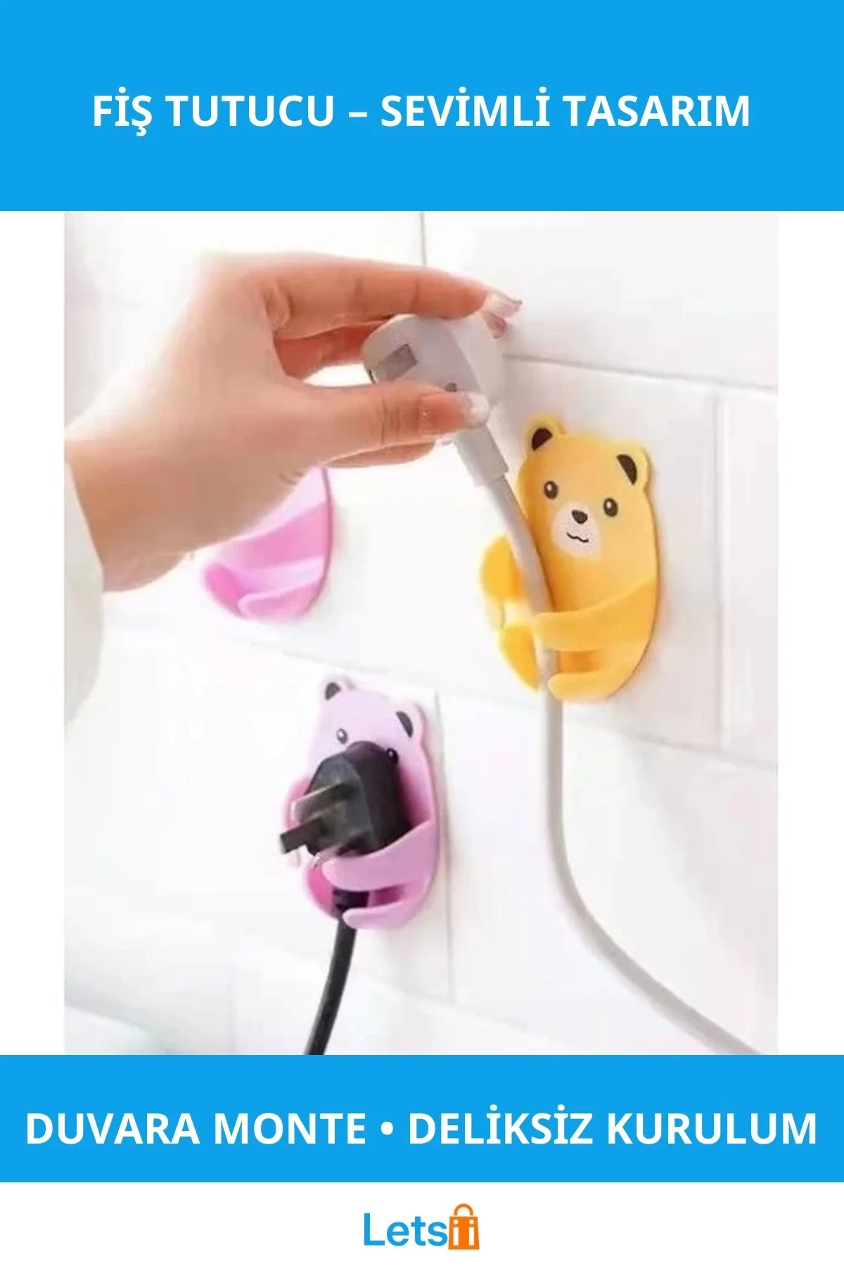 Sevimli Ayıcık Desenli Duvara Monte Fiş Tutucu 4lü Set