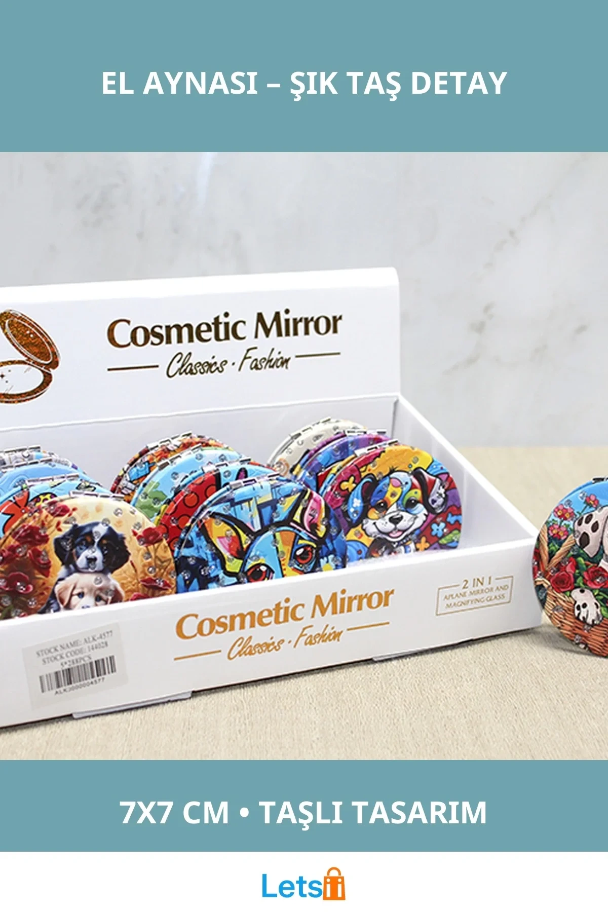 Sevimli Köpek Tasarımlı Taşlı İnce El Aynası Yuvarlak 7x7cm