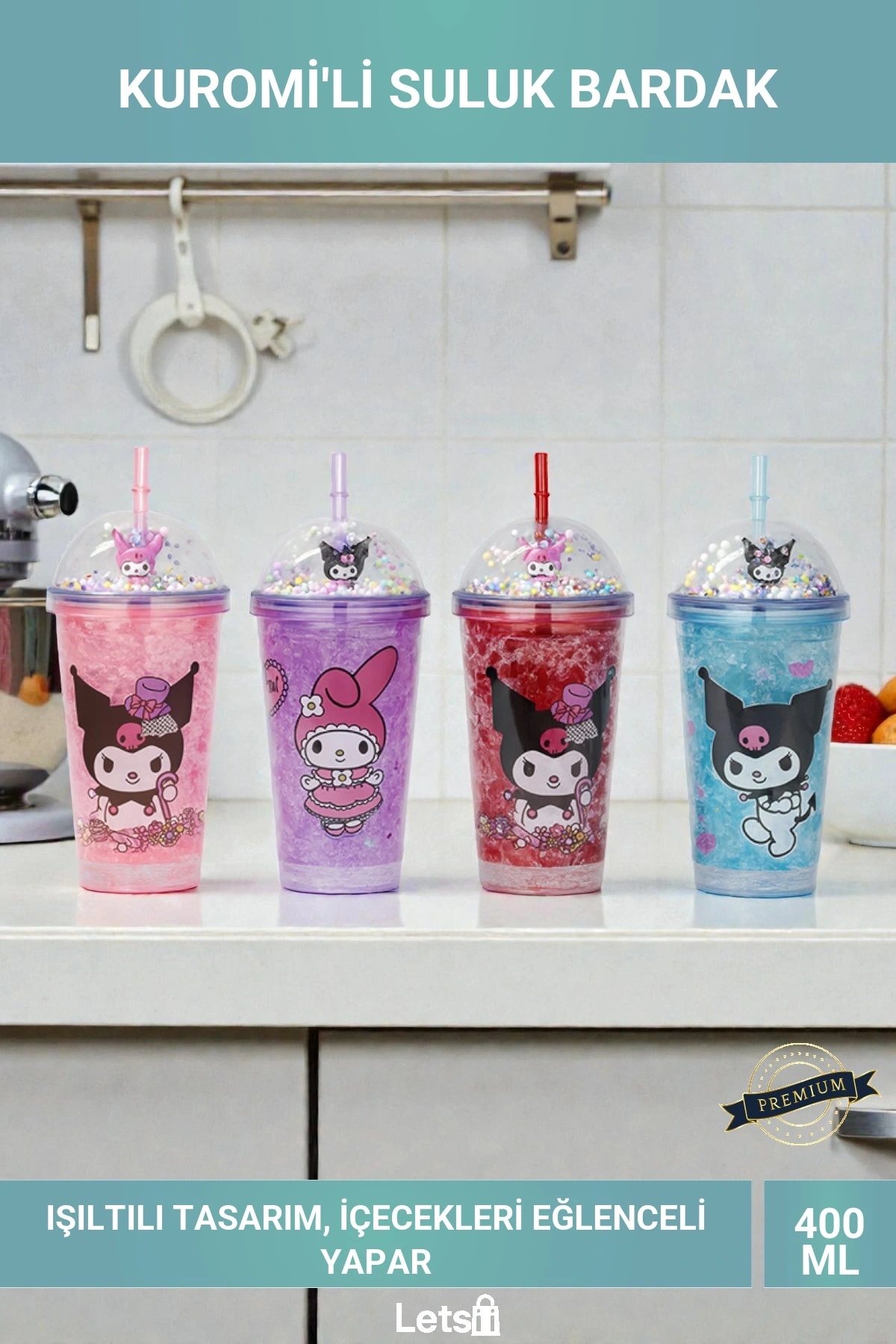 Sevimli Kuromi 400ml Pipetli Işıklı Boncuklu Suluk Bardak