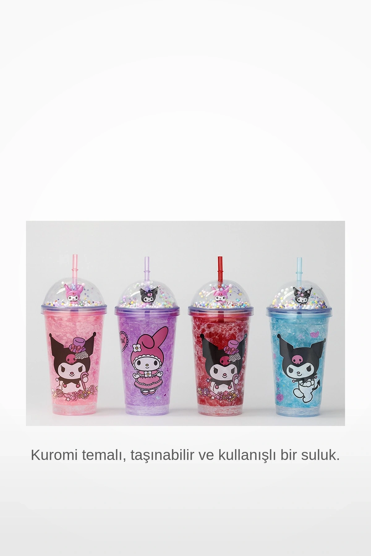 Sevimli Kuromi 400ml Pipetli Işıklı Boncuklu Suluk Bardak