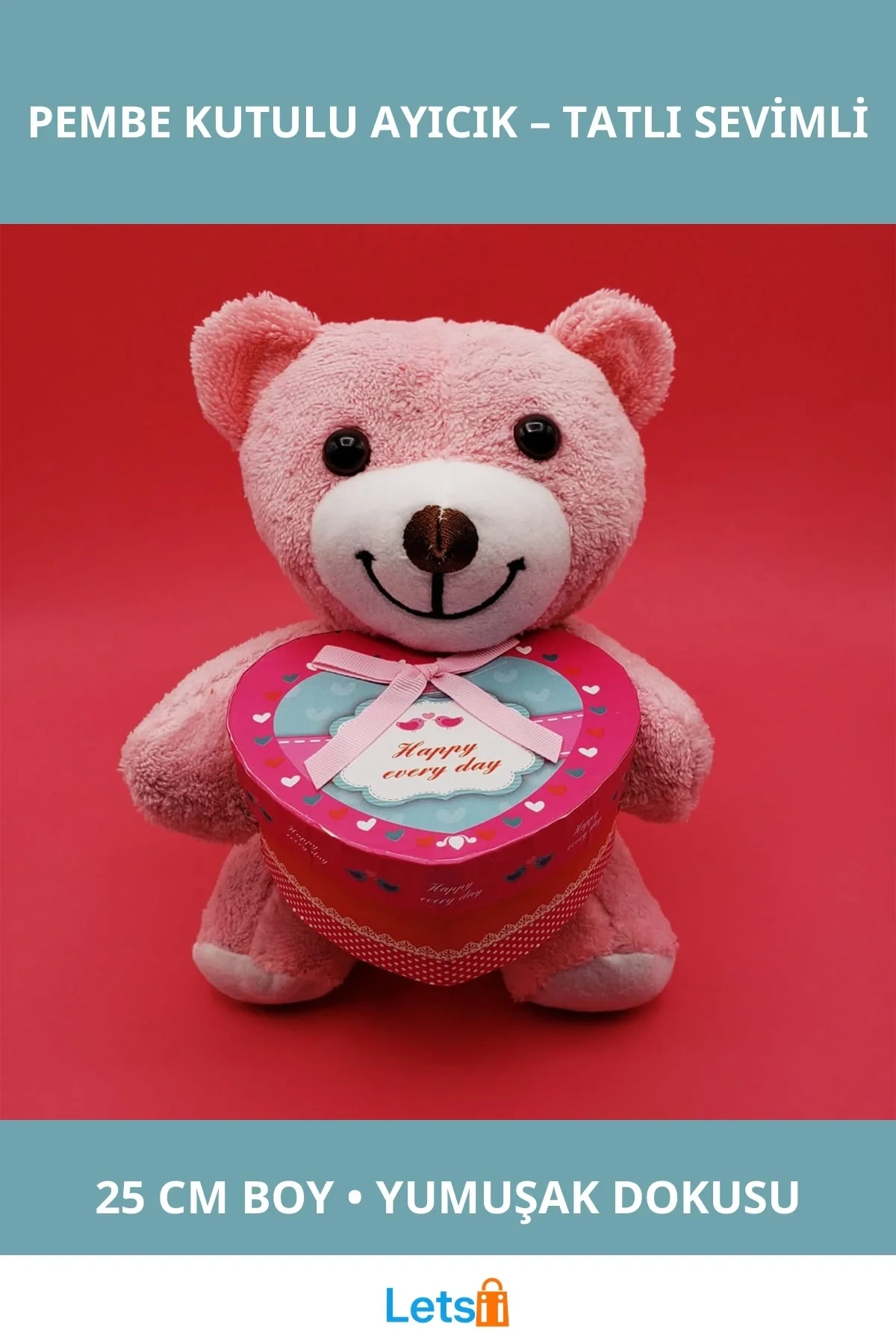 Sevimli Pembe Kutulu Peluş Ayıcık 25 cm Kalp Kapaklı