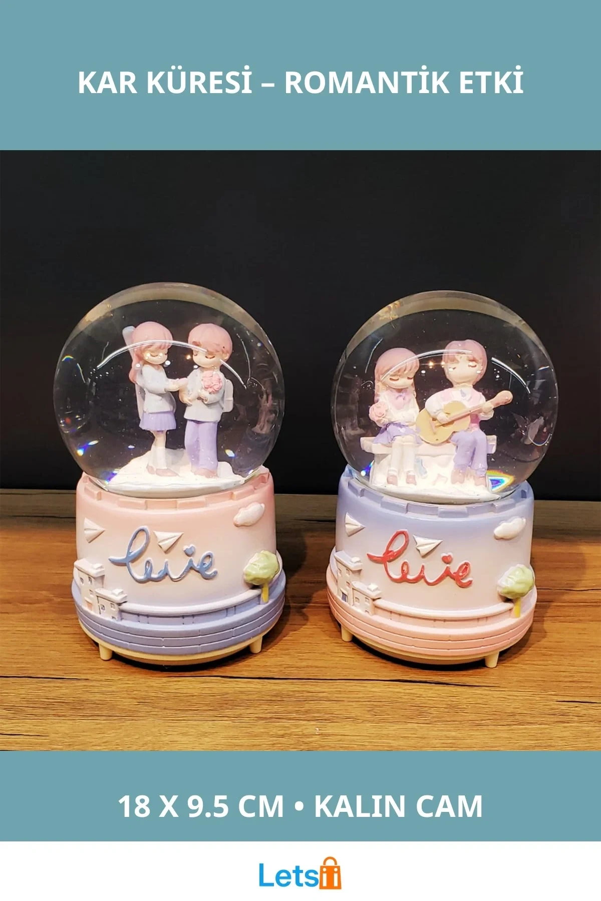 Sevimli Sevgililer Büyük Boy Kar Küresi Romantik Müzikli LED Işık