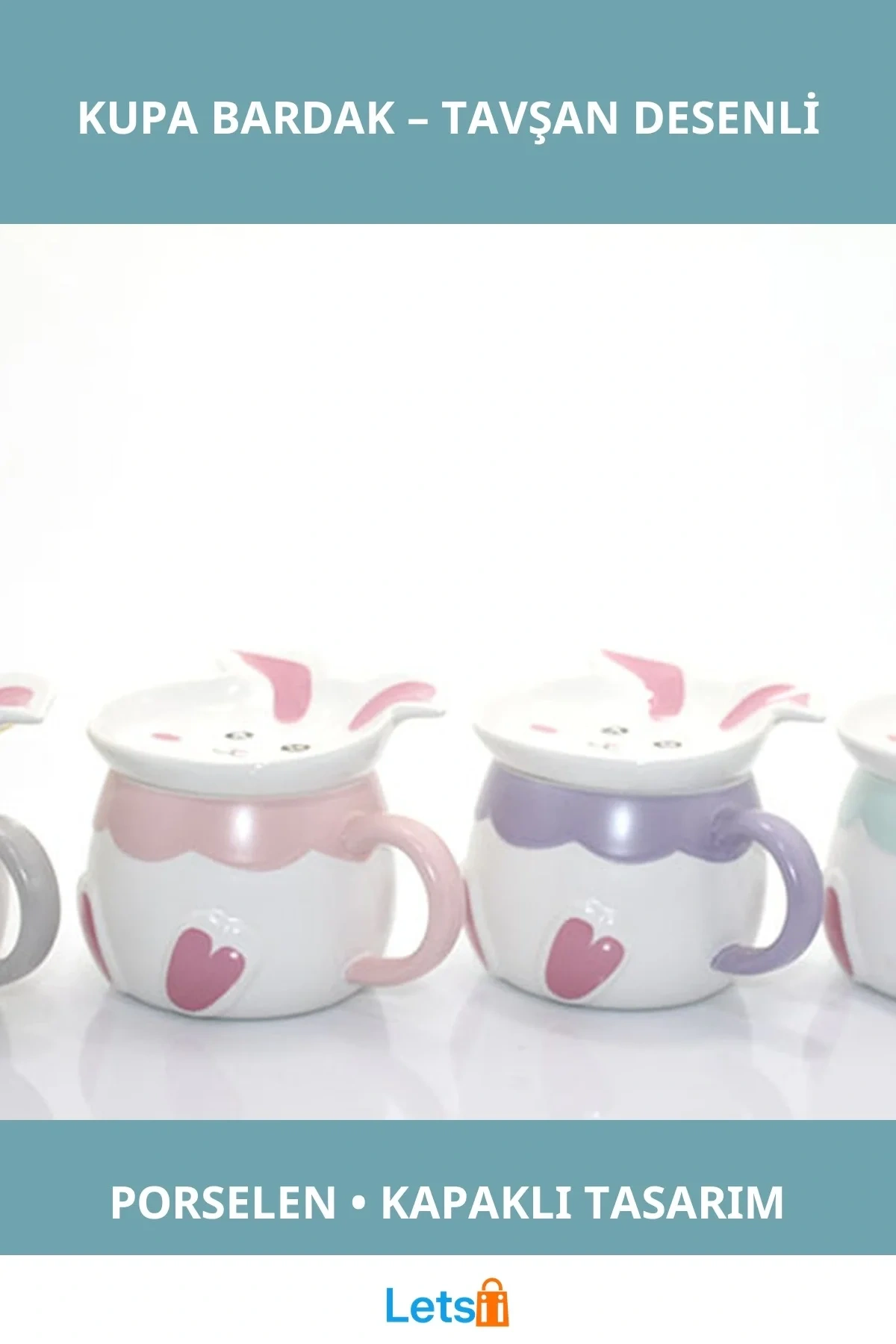 Sevimli Tavşan Tasarımlı Kapaklı Porselen Kupa Bardak