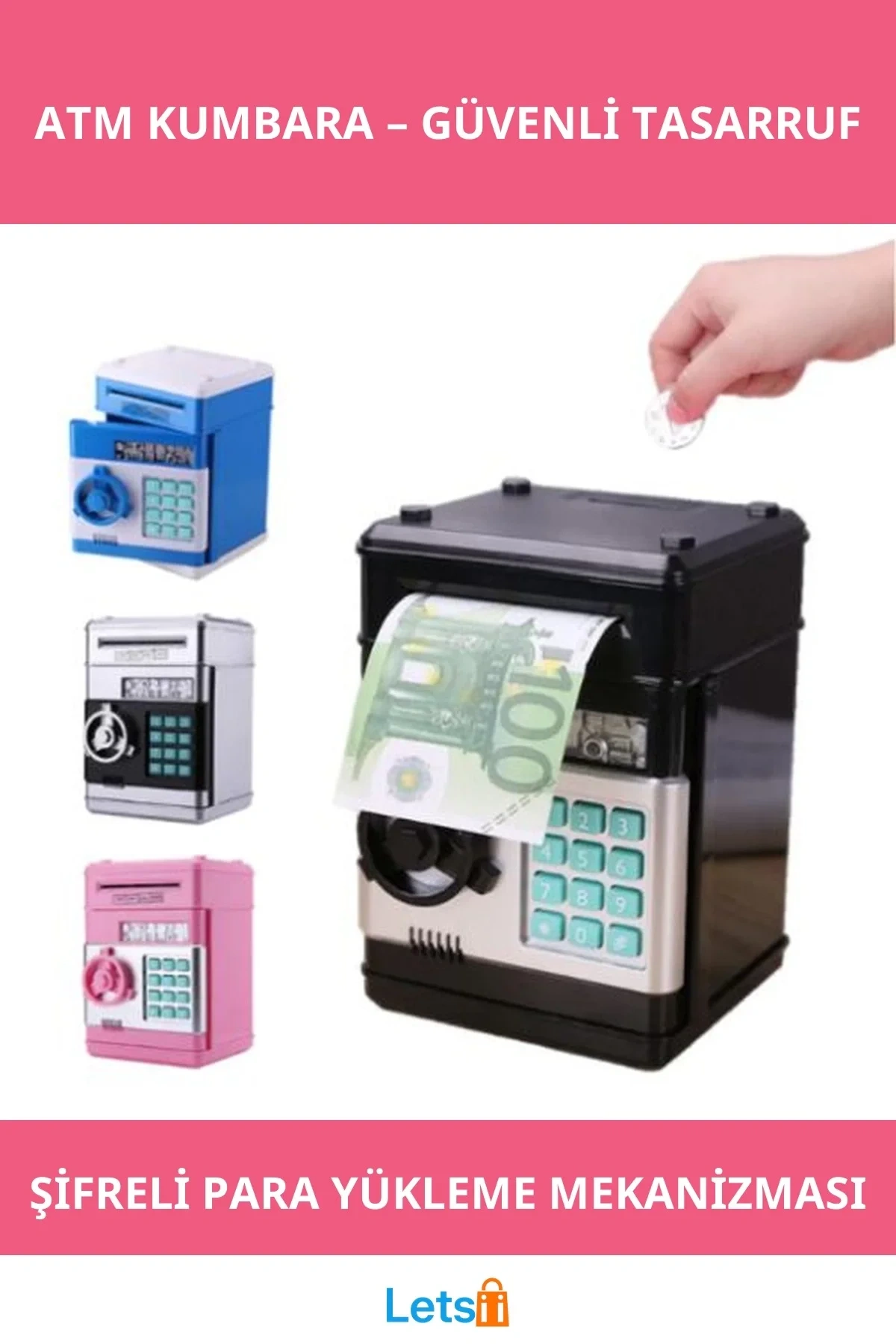 Şifreli ATM Kumbara Işıklı Sesli Uyarı Geniş Hazne 4 Haneli Şifreli Kasa