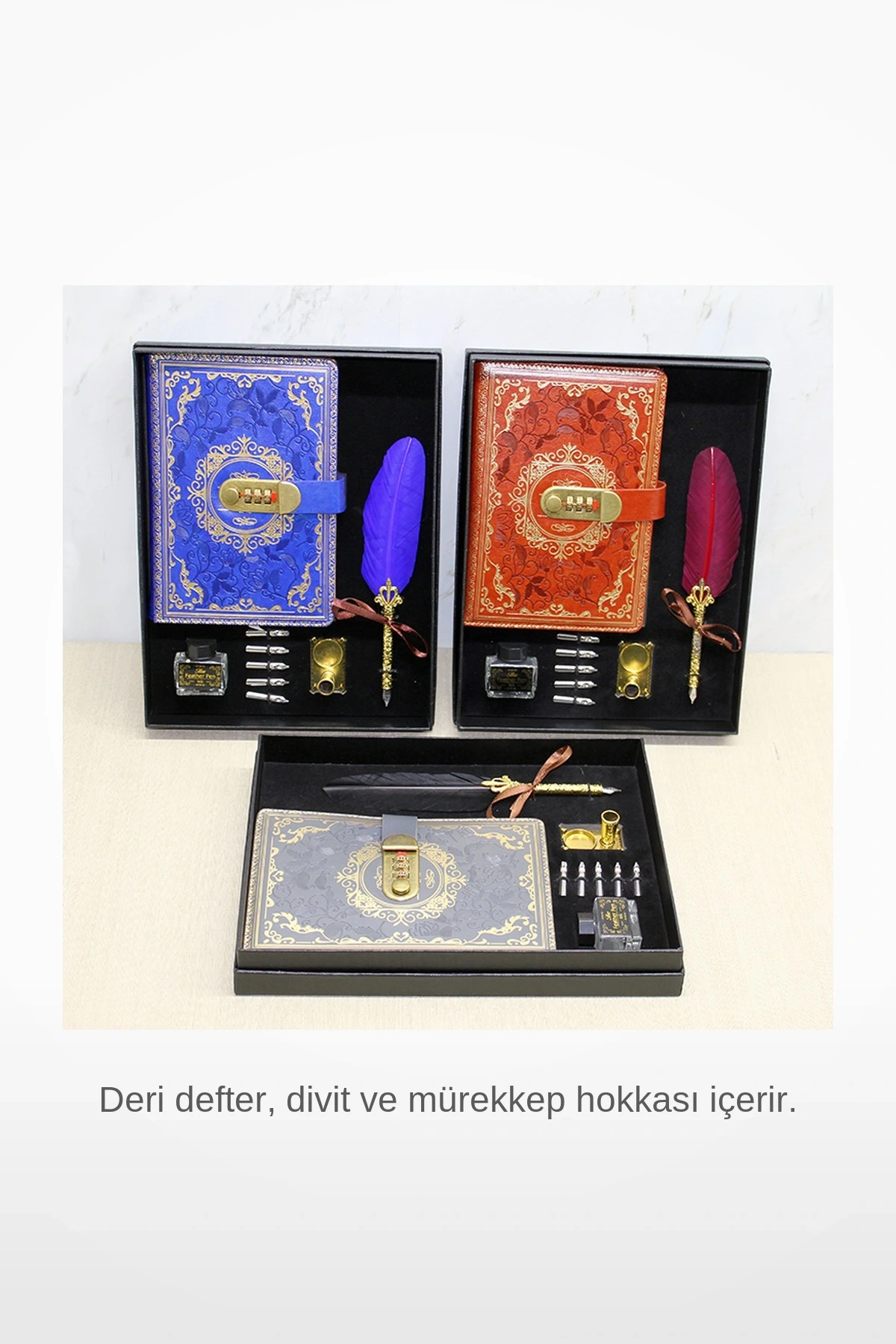 Şifreli Deri Defter Divit Kalem Hokka Mürekkep Seti Nostaljik Yazı Yazma Deneyimi