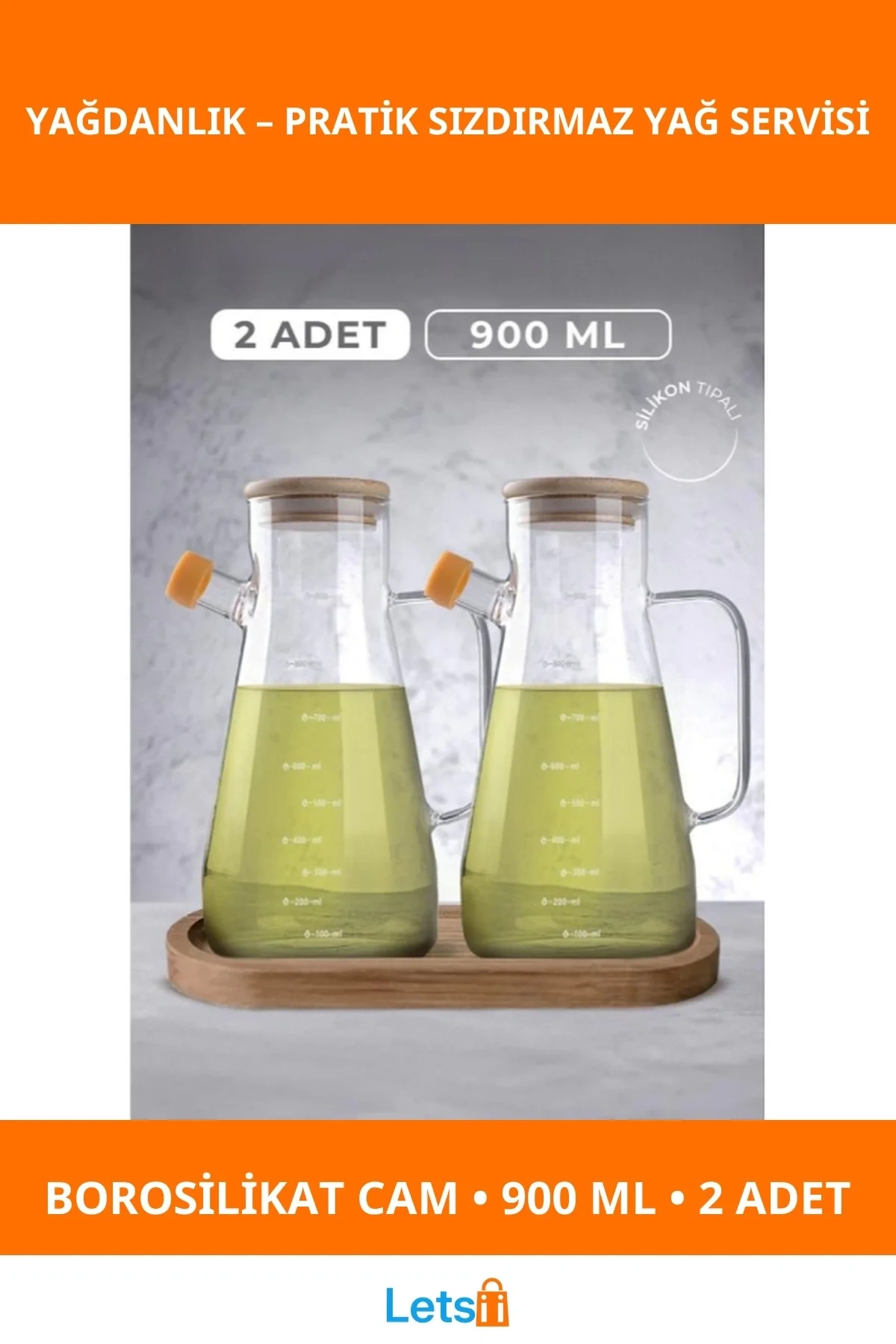 Şık Ahşap Kapaklı Sızdırmaz 2li Cam Yağdanlık Seti 900 ml