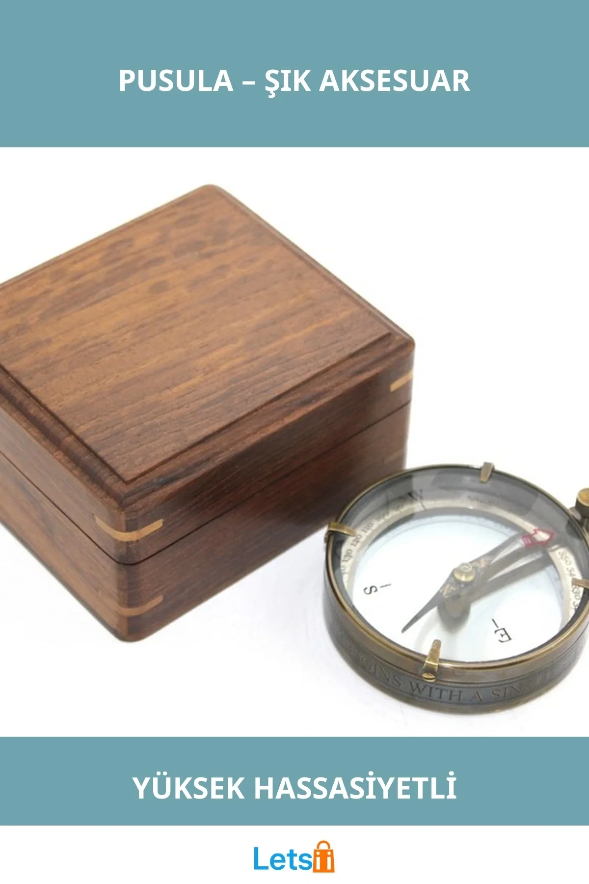 Şık Ahşap Kutulu Pirinç Pusula Yüksek Hassasiyetli Yön Belirleme